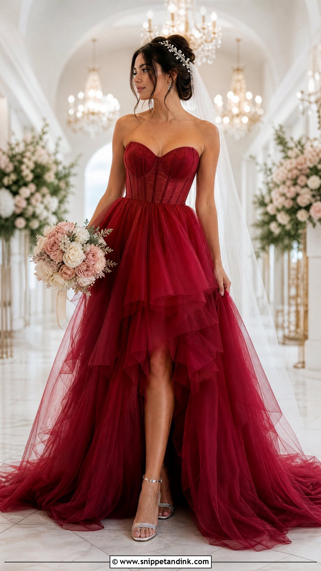 Crimson Tulle Corset Bridal Gown - Snippet and Ink - 20 Red Bridal Gown Ideas