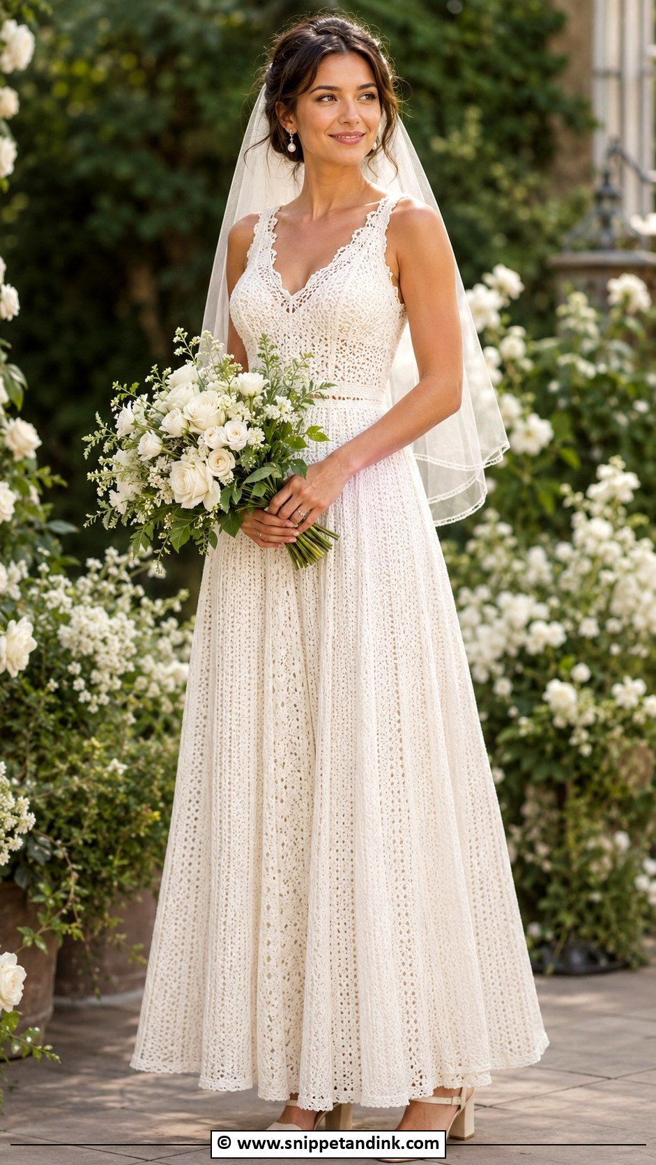 Crochet A Line Wedding Dress With Pearl Earrings - Snippet and Ink - 30 Crochet Wedding Dress Ideas