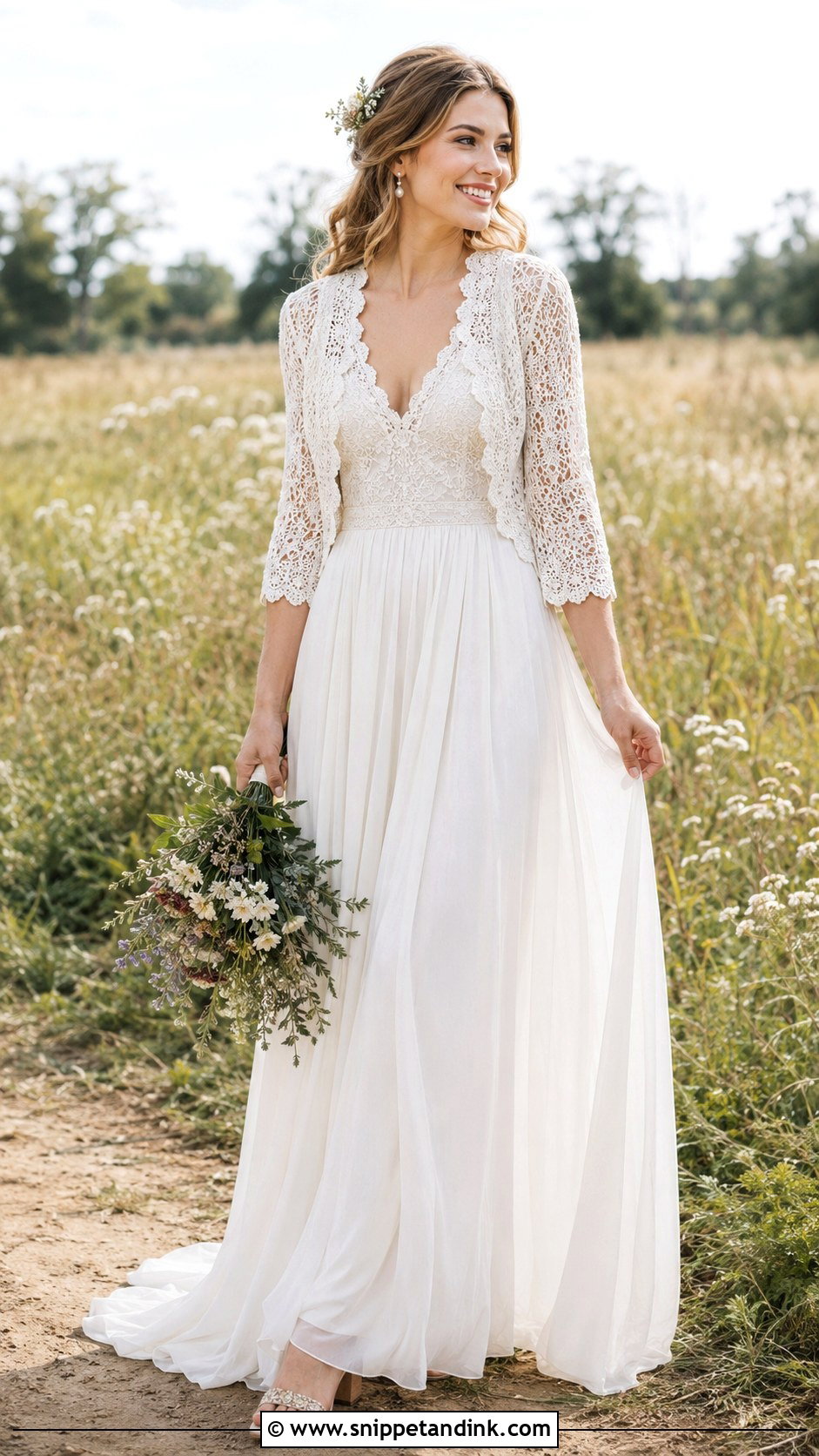 Crochet Bridal Bolero With Boho Wedding Gown - Snippet and Ink - 20 Bridal Bolero Jacket Ideas