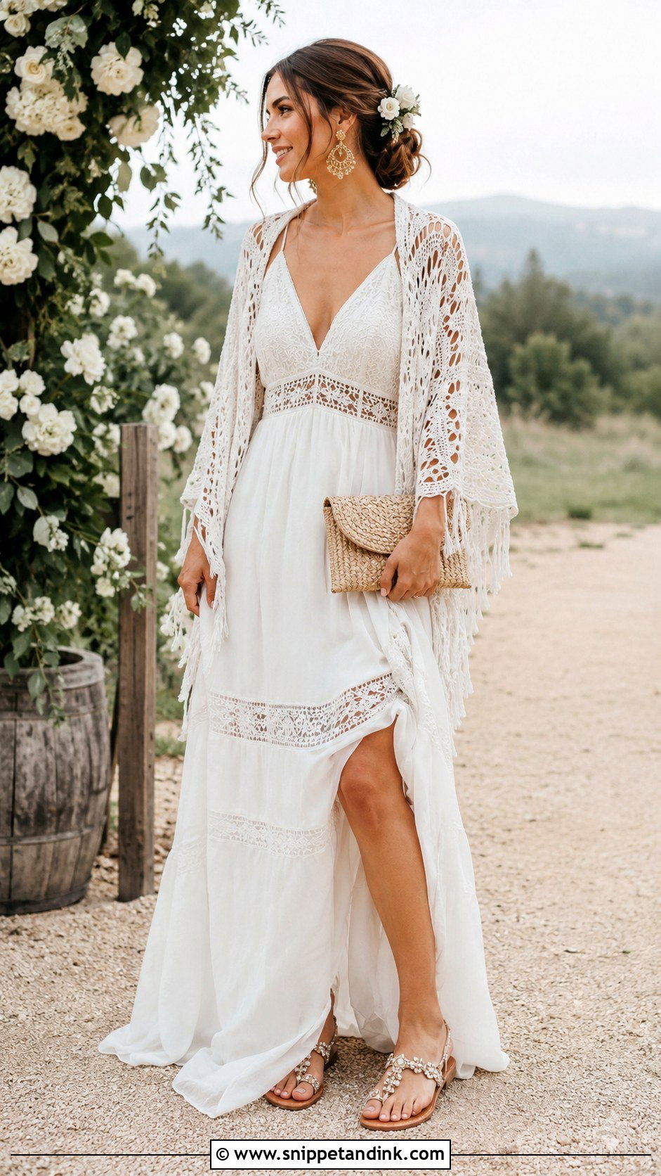 Crochet Bride Shawl With Boho Wedding Dress - Snippet and Ink - 20 Bride Shawl Ideas