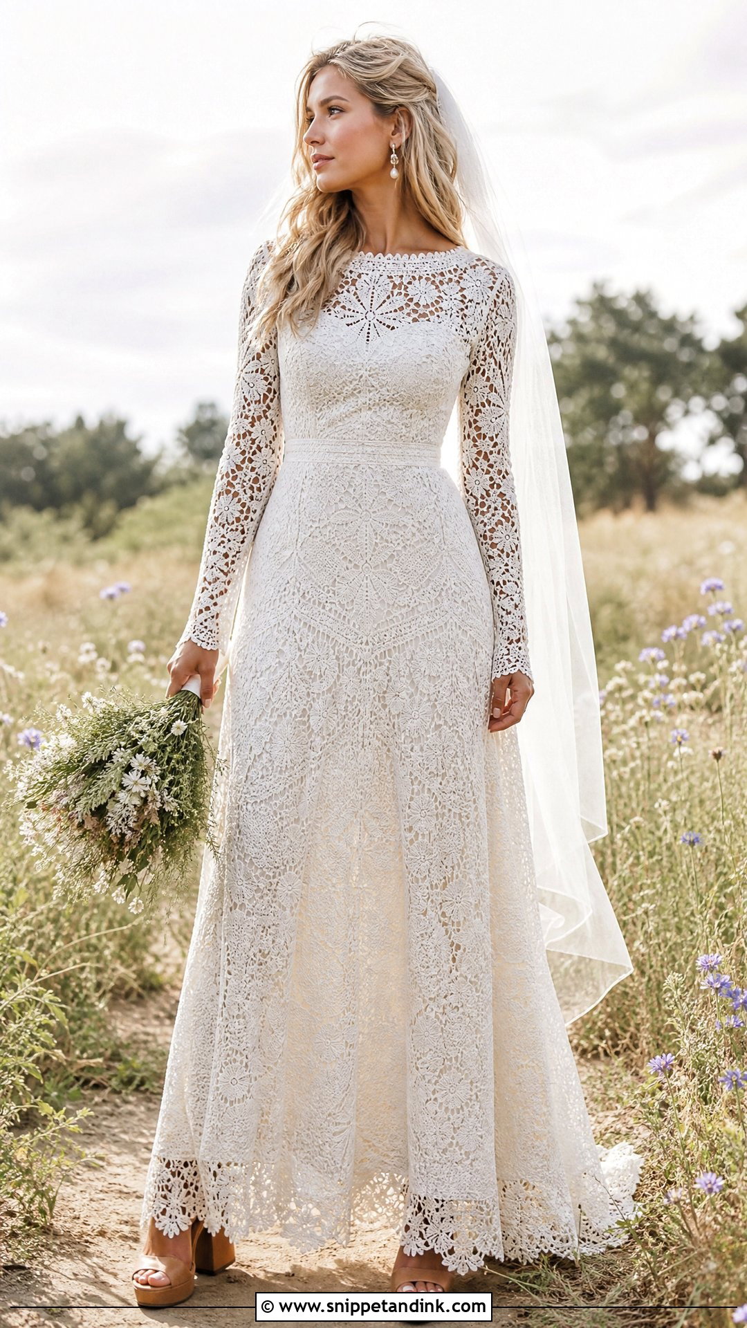 Crochet Lace A Line Wedding Dress - Snippet and Ink - 25 70s Style Wedding Dress Ideas