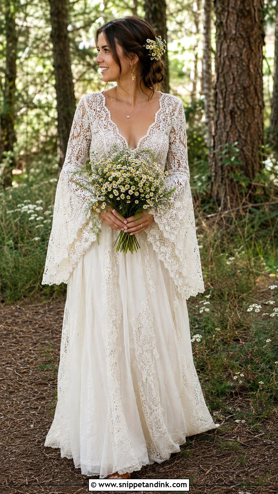 Crochet Lace Wedding Dress With Bell Sleeves - Snippet and Ink - 20 Granola Wedding Dress Ideas