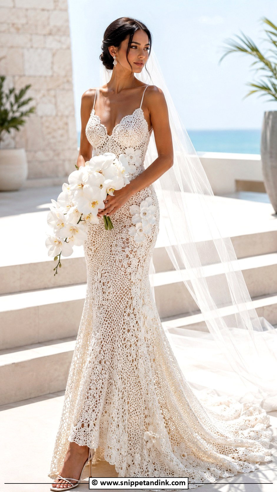 Crochet Mermaid Wedding Dress With Strappy Heels - Snippet and Ink - 30 Crochet Wedding Dress Ideas