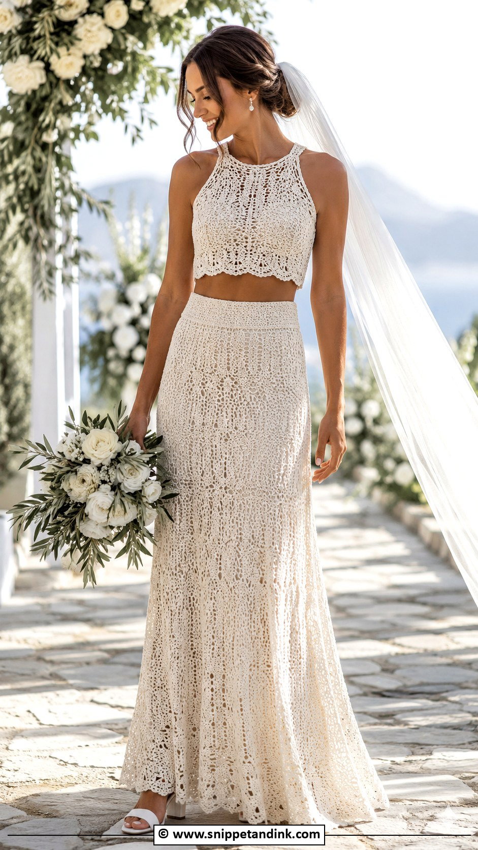 Crochet Two Piece Wedding Dress With Maxi Skirt - Snippet and Ink - 30 Crochet Wedding Dress Ideas