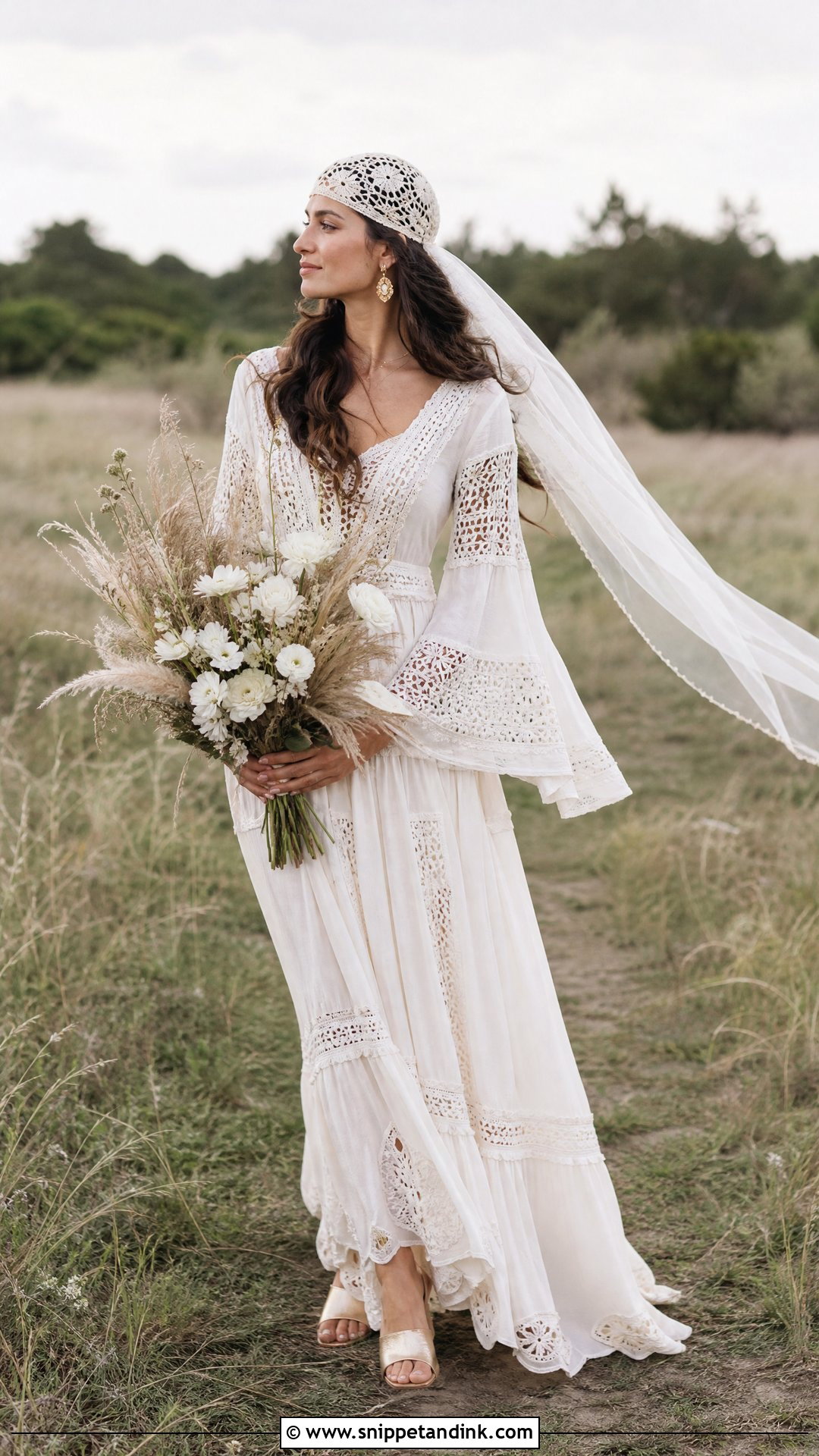 Crochet Wedding Cap With Boho Gown - Snippet and Ink - 20 Wedding Cap Ideas