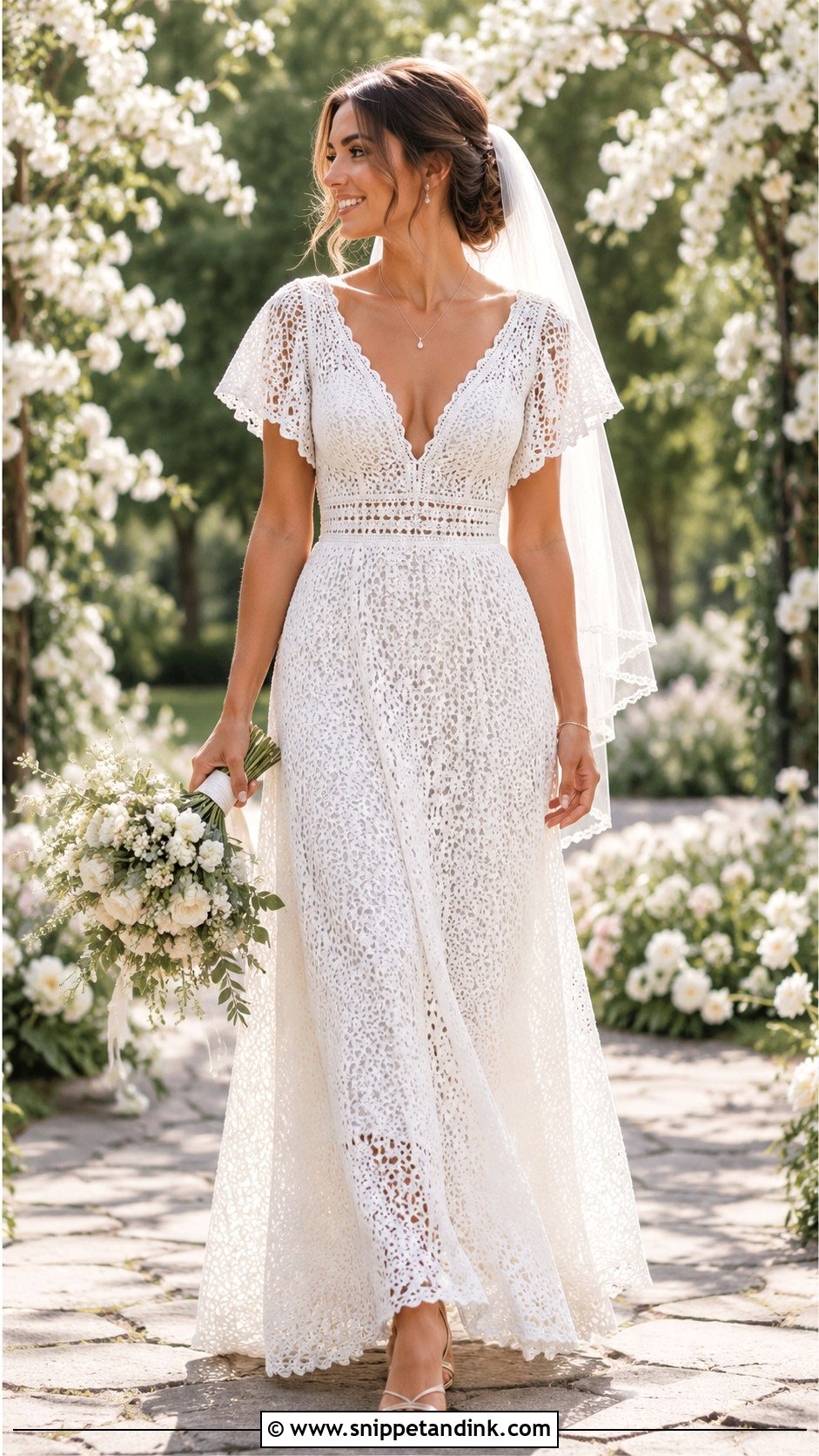 Crochet Wedding Dress With Flutter Sleeves - Snippet and Ink - 20 Crochet Wedding Dresses