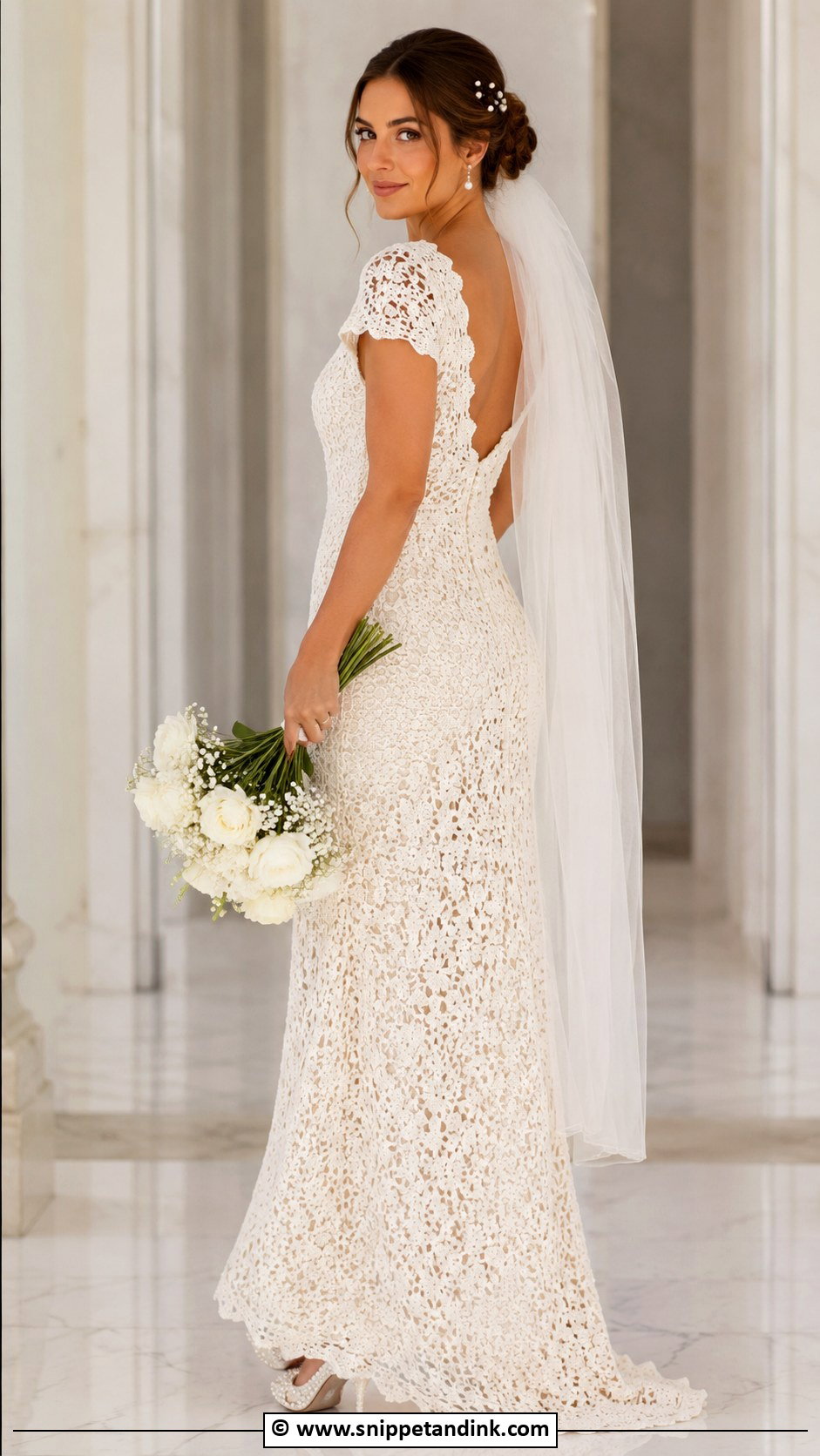 Crochet Wedding Dress With Pearl Accessories - Snippet and Ink - 30 Crochet Wedding Dress Ideas