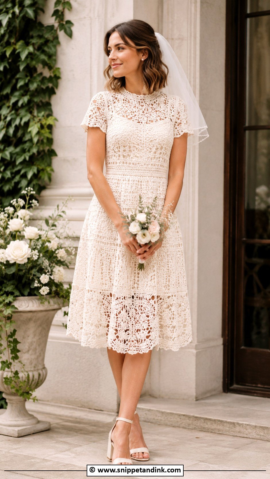 Crochet Wedding Dress With Short Veil - Snippet and Ink - 30 Crochet Wedding Dress Ideas