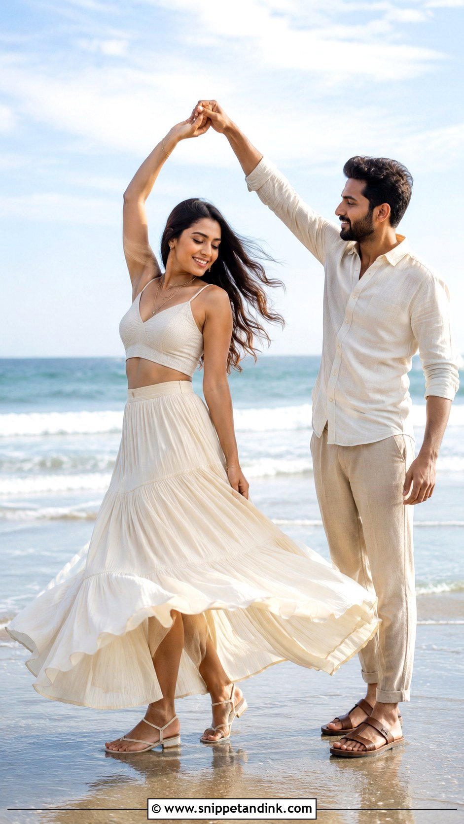 Crop Top And Maxi Skirt With Linen Shirt - Snippet and Ink - 20 Beach Pre Wedding Shoot Outfit Ideas