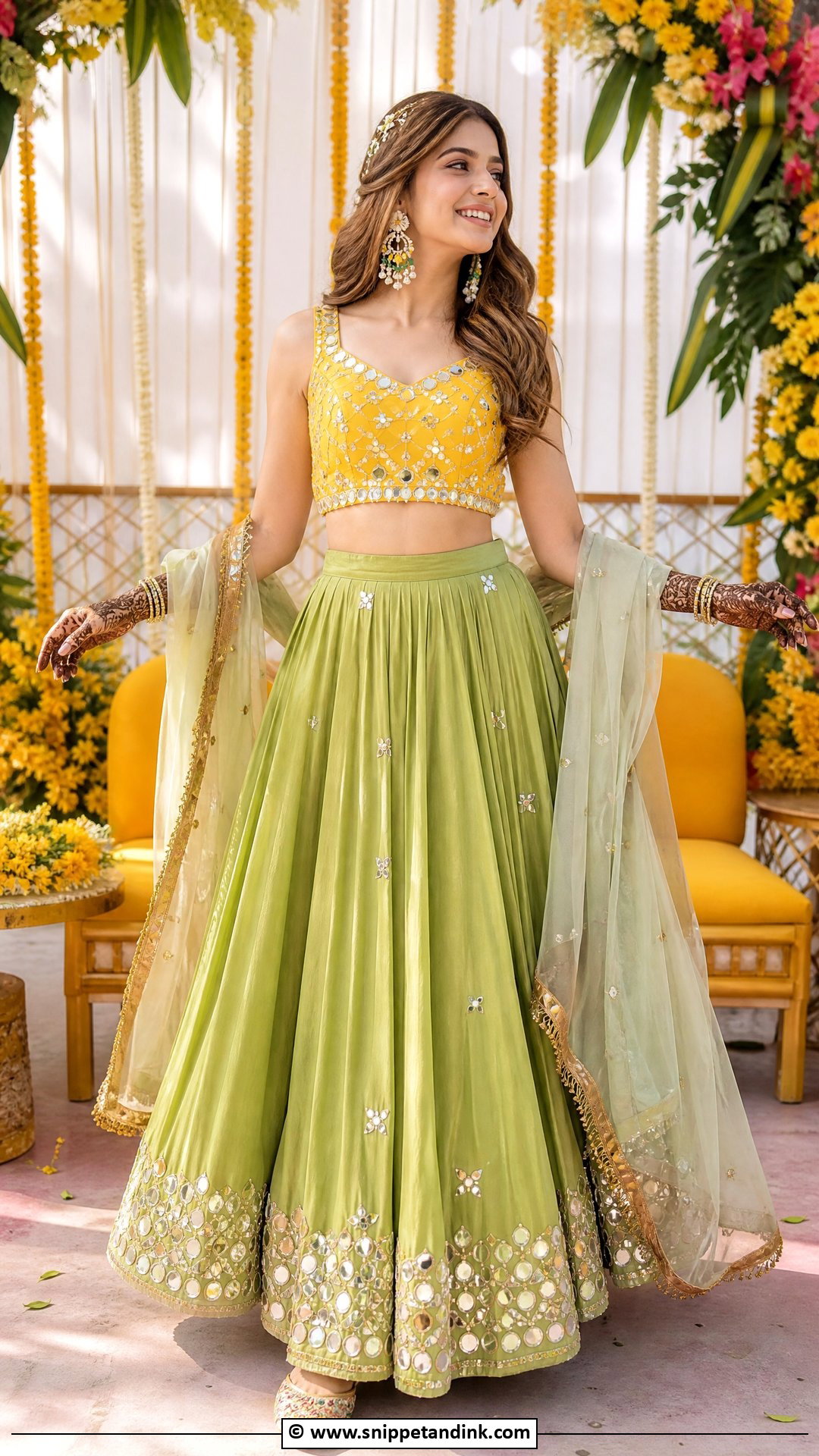 Crop Top And Skirt Bridal Mehndi Outfit - Snippet and Ink - 35 Bridal Mehndi Outfit Ideas