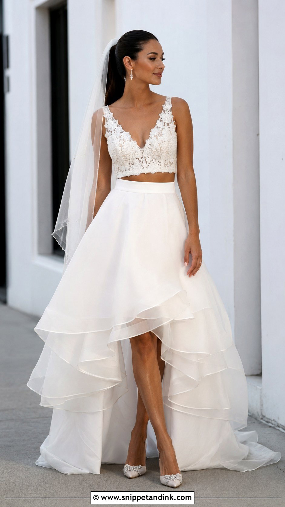 Crop Top Wedding Dress With High Low Skirt - Snippet and Ink - 20 Crop Top Wedding Dress Ideas