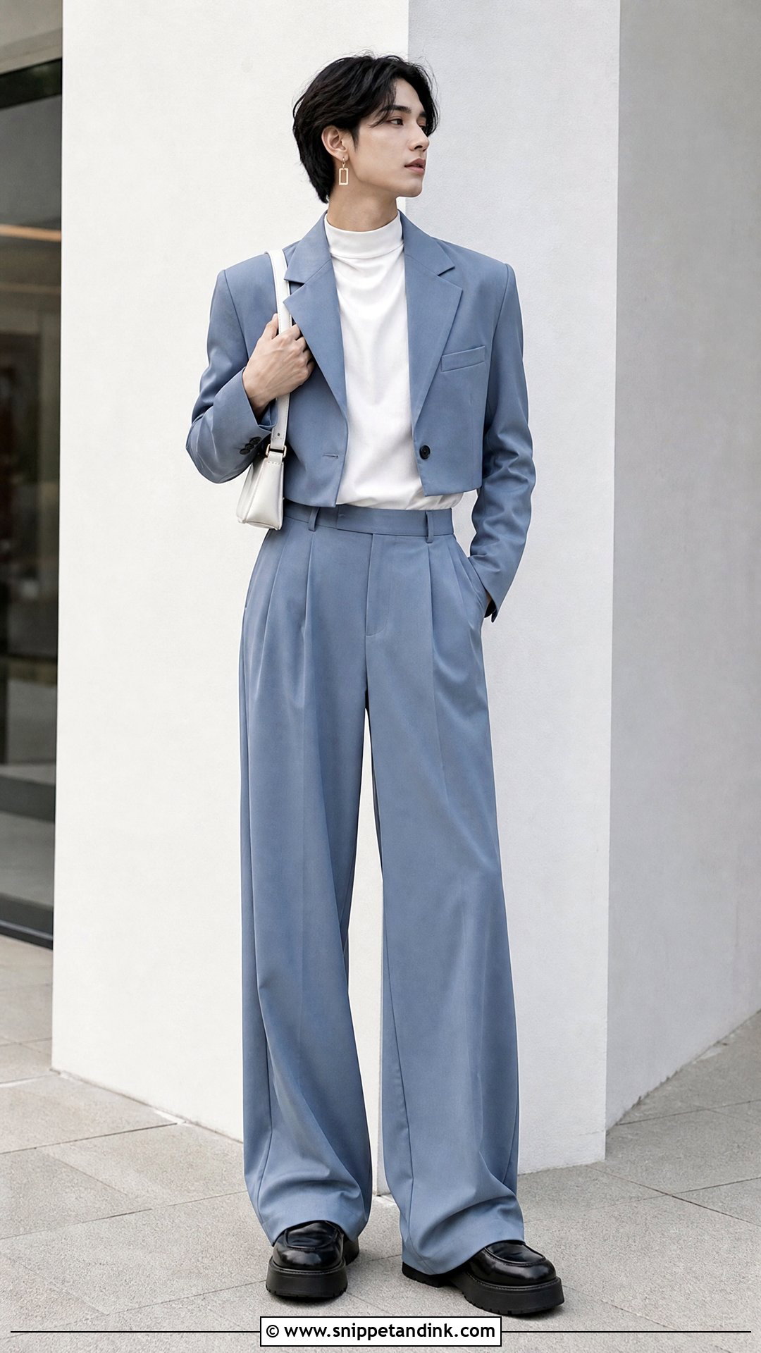 Cropped Blazer And Wide Leg Pants Wedding Outfit - Snippet and Ink - 20 Unisex Wedding Outfit Ideas