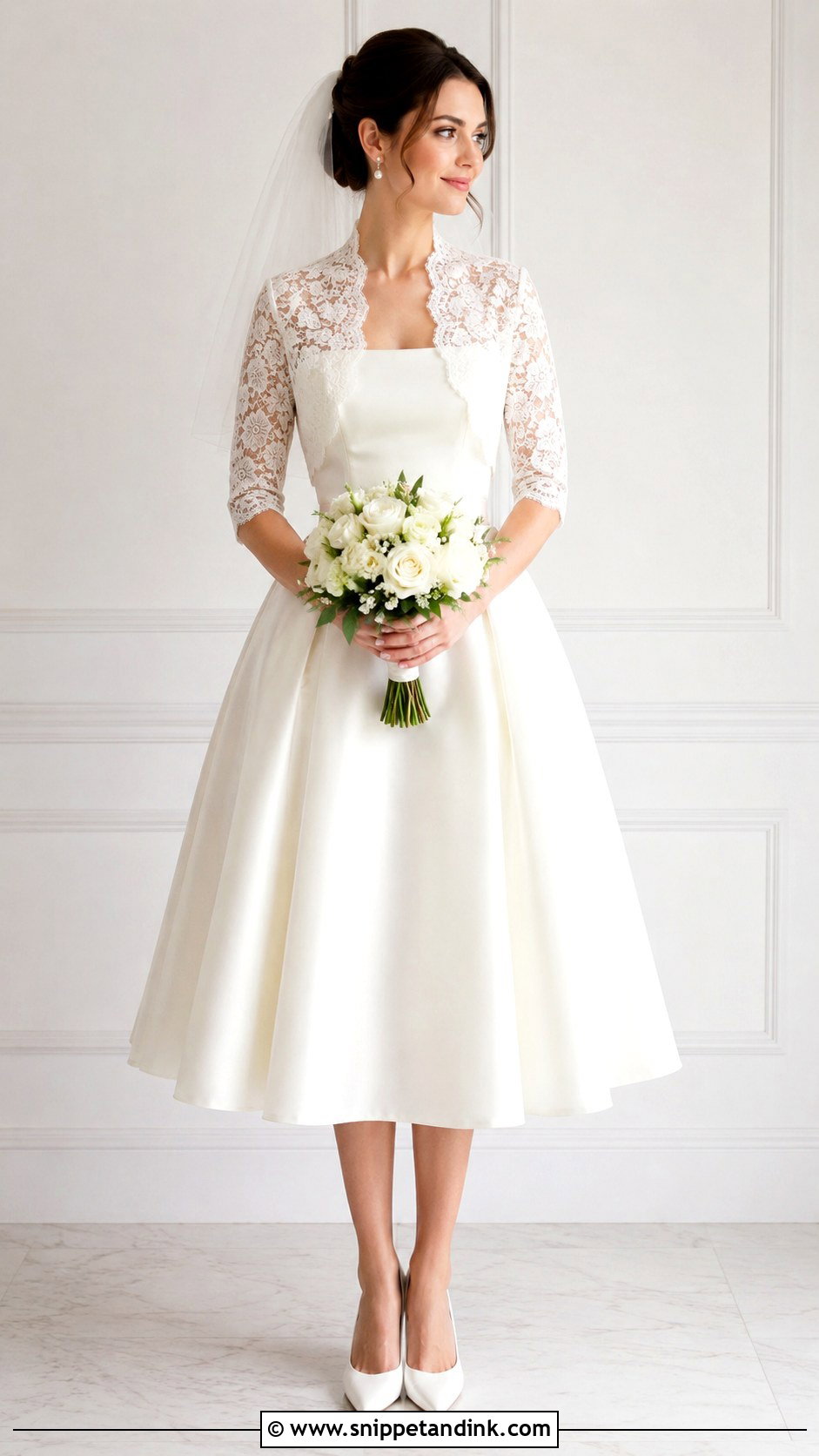 Cropped Bridal Bolero With Tea Length Dress - Snippet and Ink - 25 Bridal Bolero Ideas