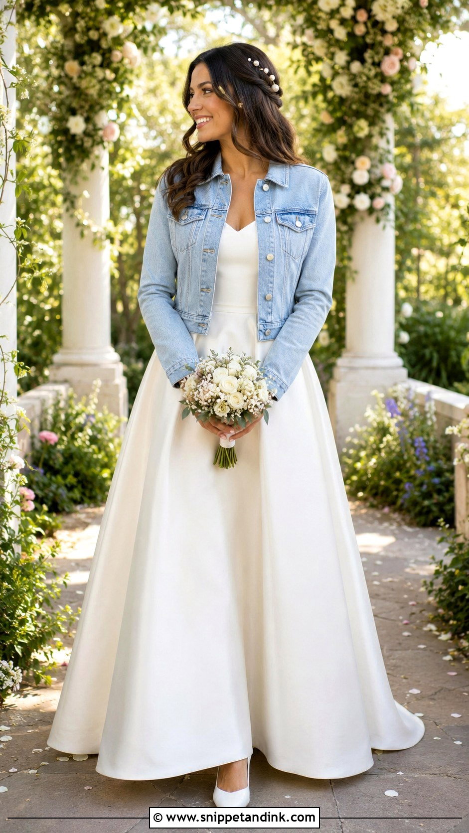 Cropped Bridal Denim Jacket With A Line Dress - Snippet and Ink - 20 Bridal Denim Jacket Ideas