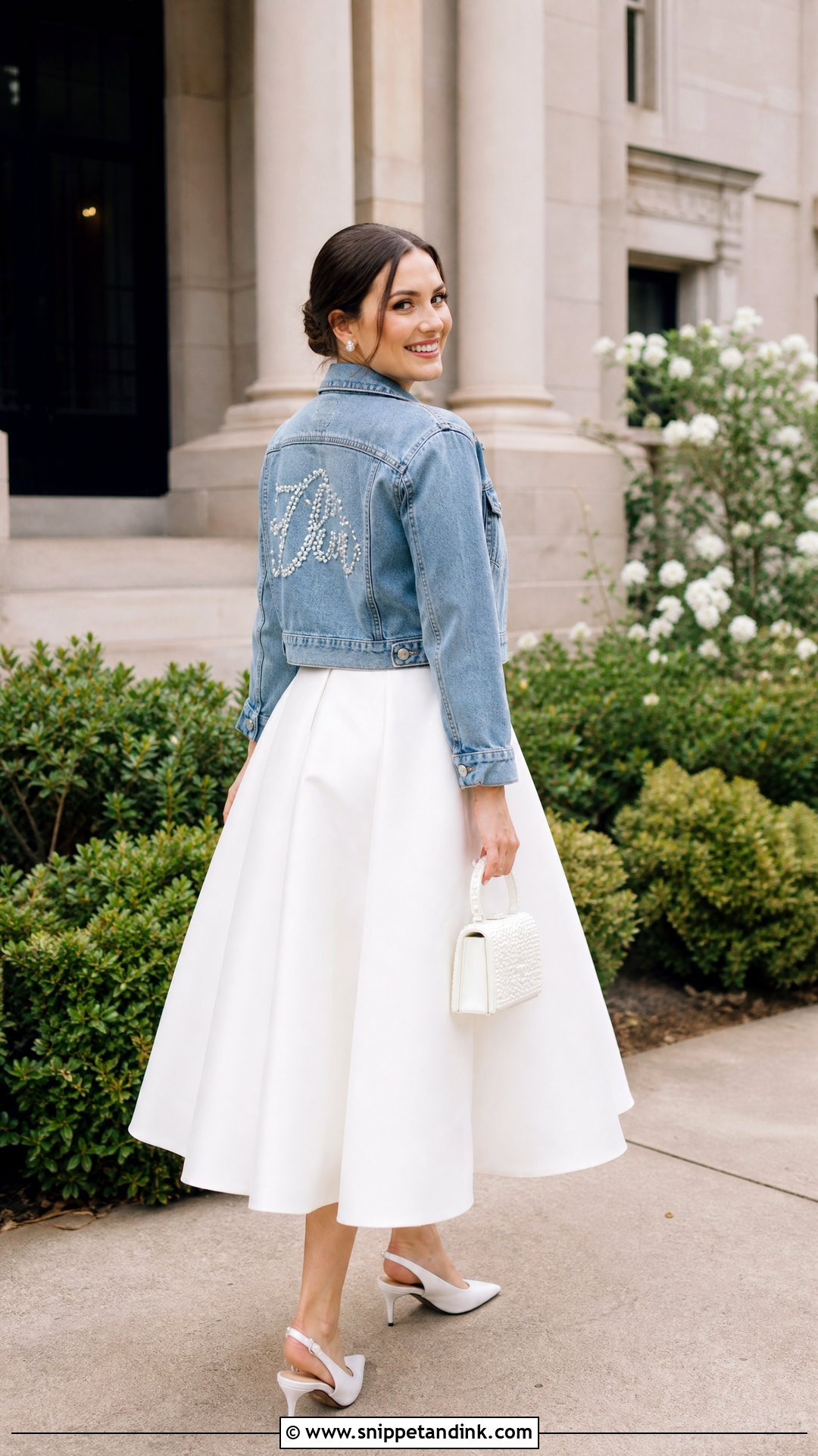 Cropped Bride Denim Jacket With Tea Length Dress - Snippet and Ink - 20 Bride Denim Jacket Ideas