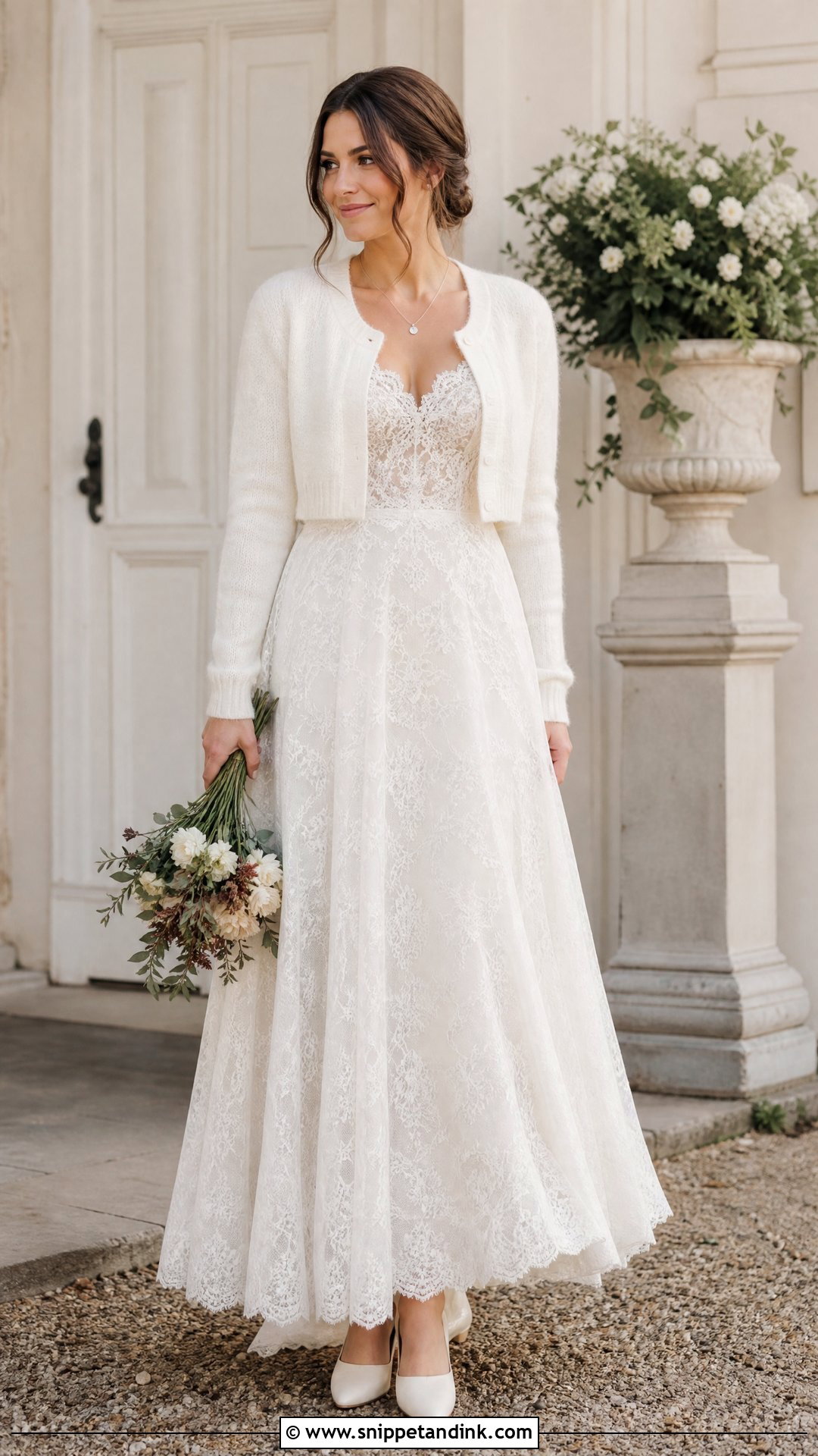 Cropped Cashmere Cardigan With Lace Wedding Dress - Snippet and Ink - 20 Wedding Cardigan Ideas