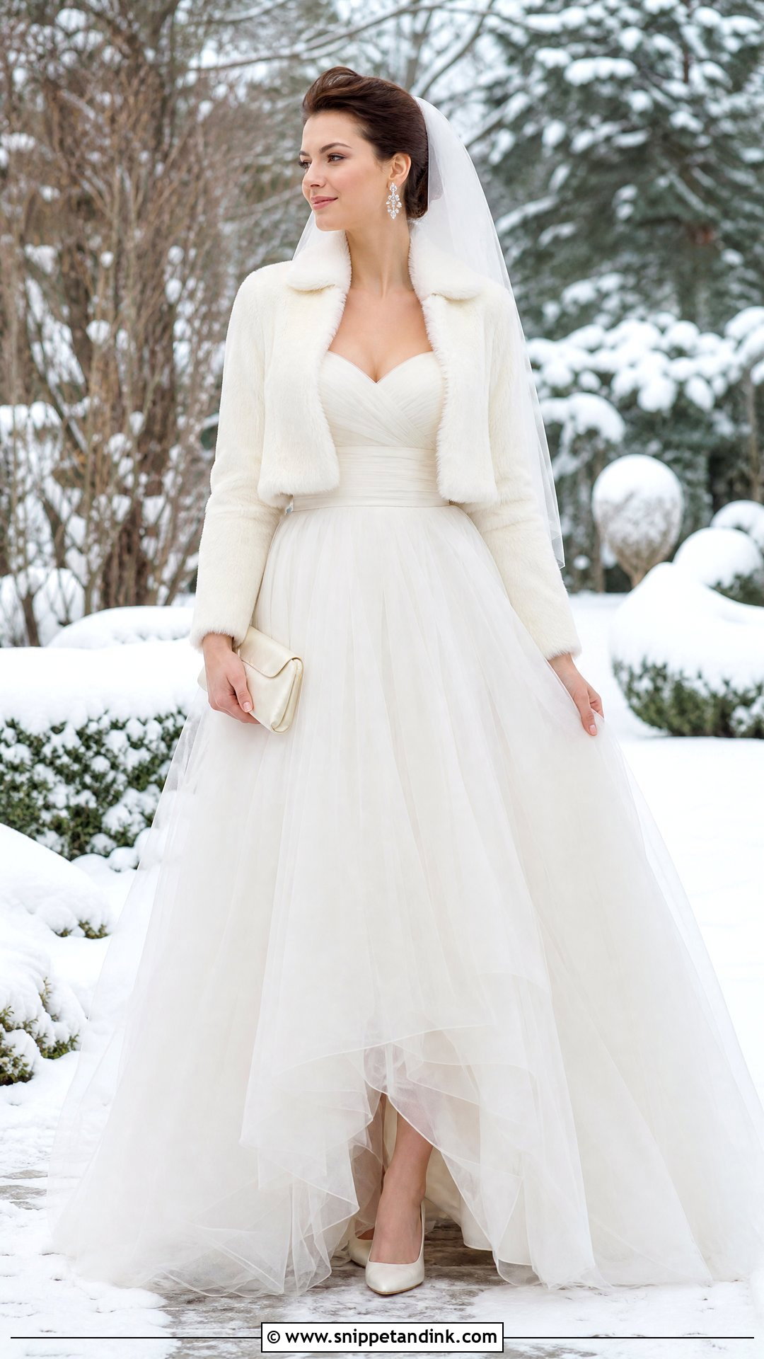 Cropped Faux Fur Wedding Dress Coat With A Line Gown - Snippet and Ink - 20 Wedding Dress Coat Ideas