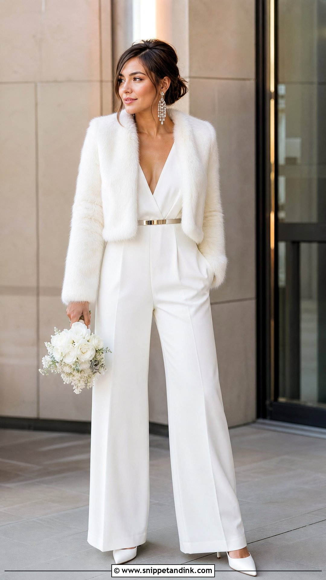Cropped Fur Coat With Bridal Jumpsuit - Snippet and Ink - 20 Wedding Fur Coat Ideas