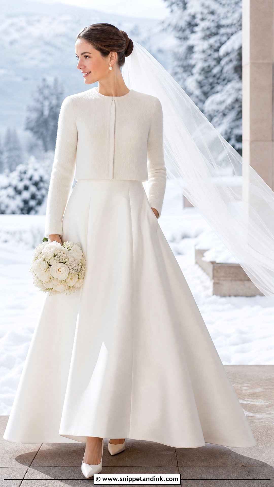 Cropped Knit Wedding Dress Topper With Winter Gown - Snippet and Ink - 20 Wedding Dress Topper Long Sleeve Ideas