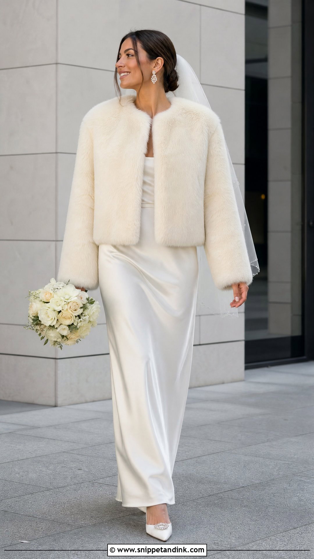 Cropped Wedding Fur Jacket With Satin Dress - Snippet and Ink - 20 Wedding Fur Ideas