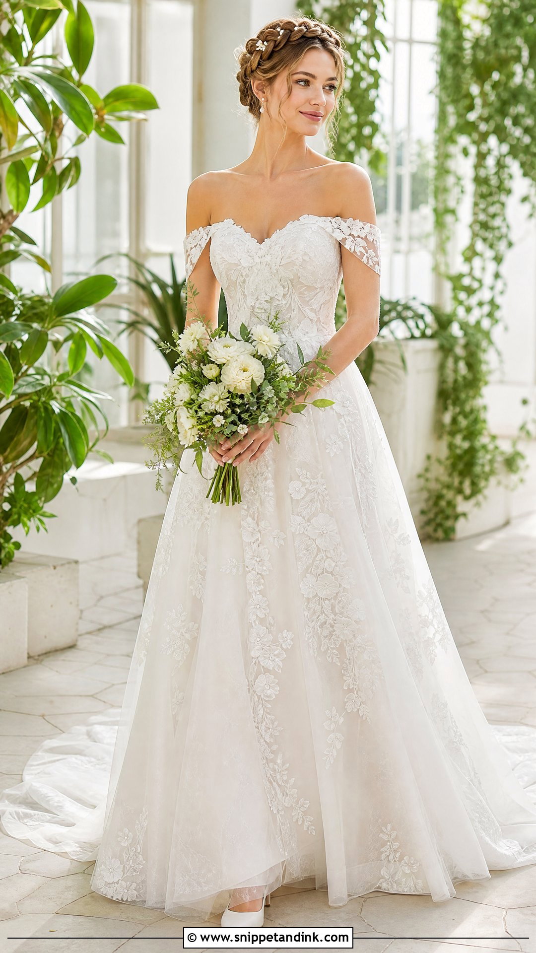 Crown Braid for Off the Shoulder Wedding Dress - Snippet and Ink - 25 Off the Shoulder Wedding Dress Hairstyle Ideas