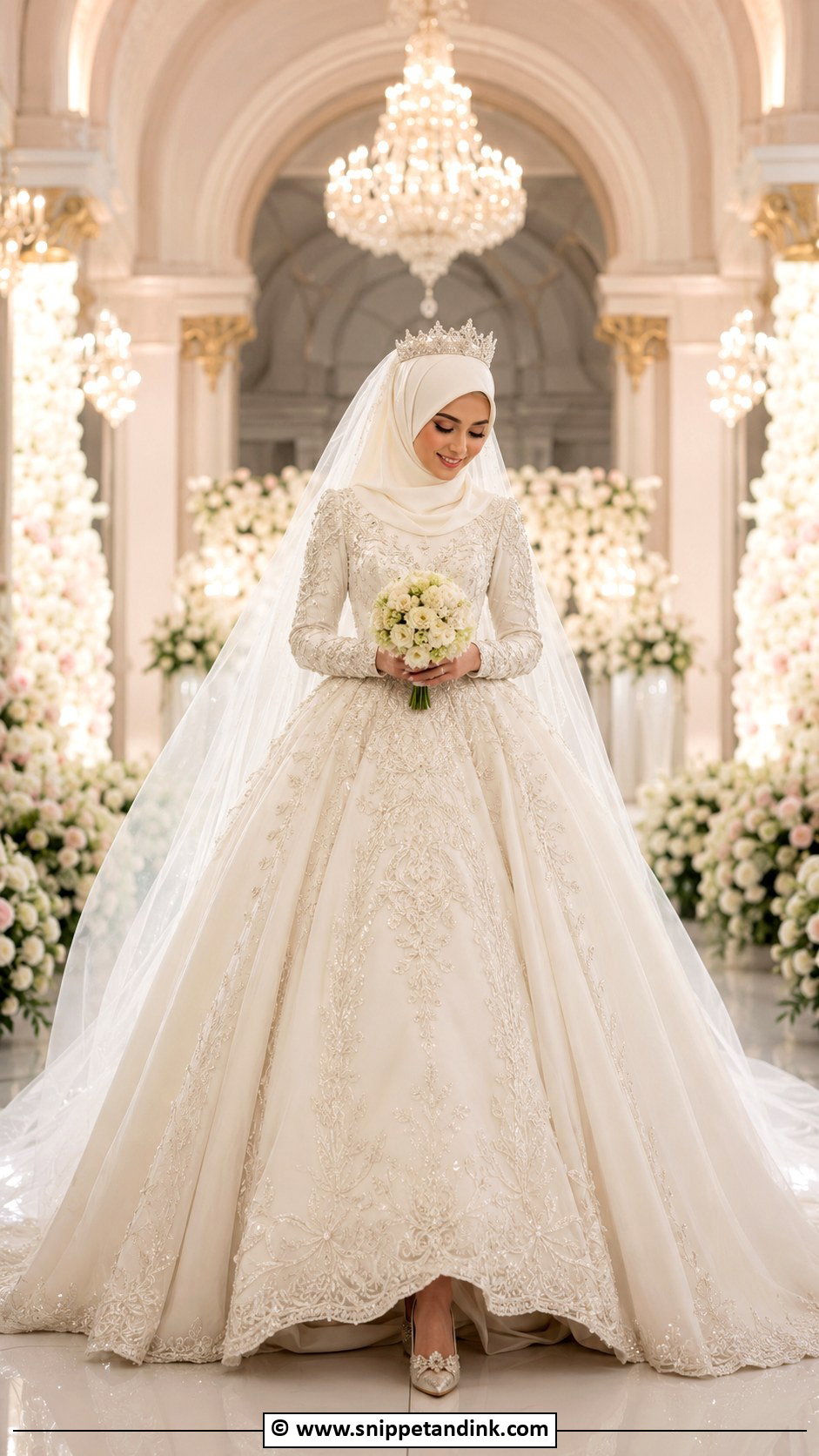 Crown Bridal Hijab With Princess Gown - Snippet and Ink - 30 Bridal Hijab Styles
