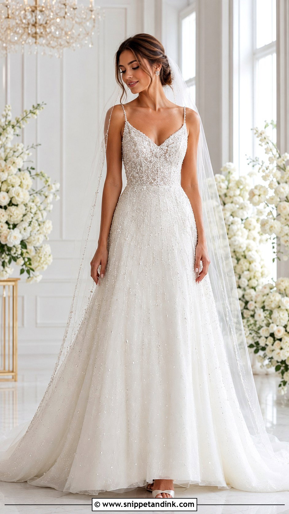 Crystal Beaded A Line Wedding Dress - Snippet and Ink - 20 Shiny Wedding Dress Ideas