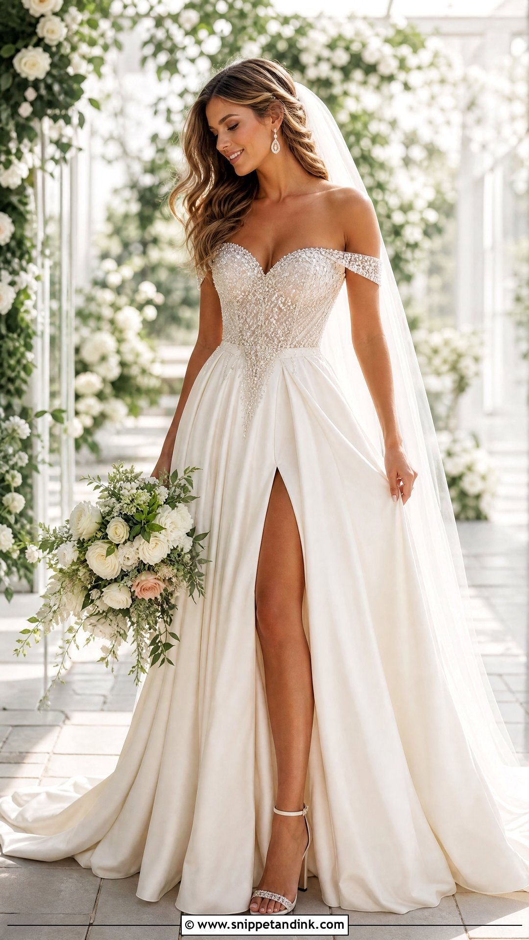 Crystal Beaded Off Shoulder Wedding Dress - Snippet and Ink - 25 Crystal Beaded Wedding Dress Ideas