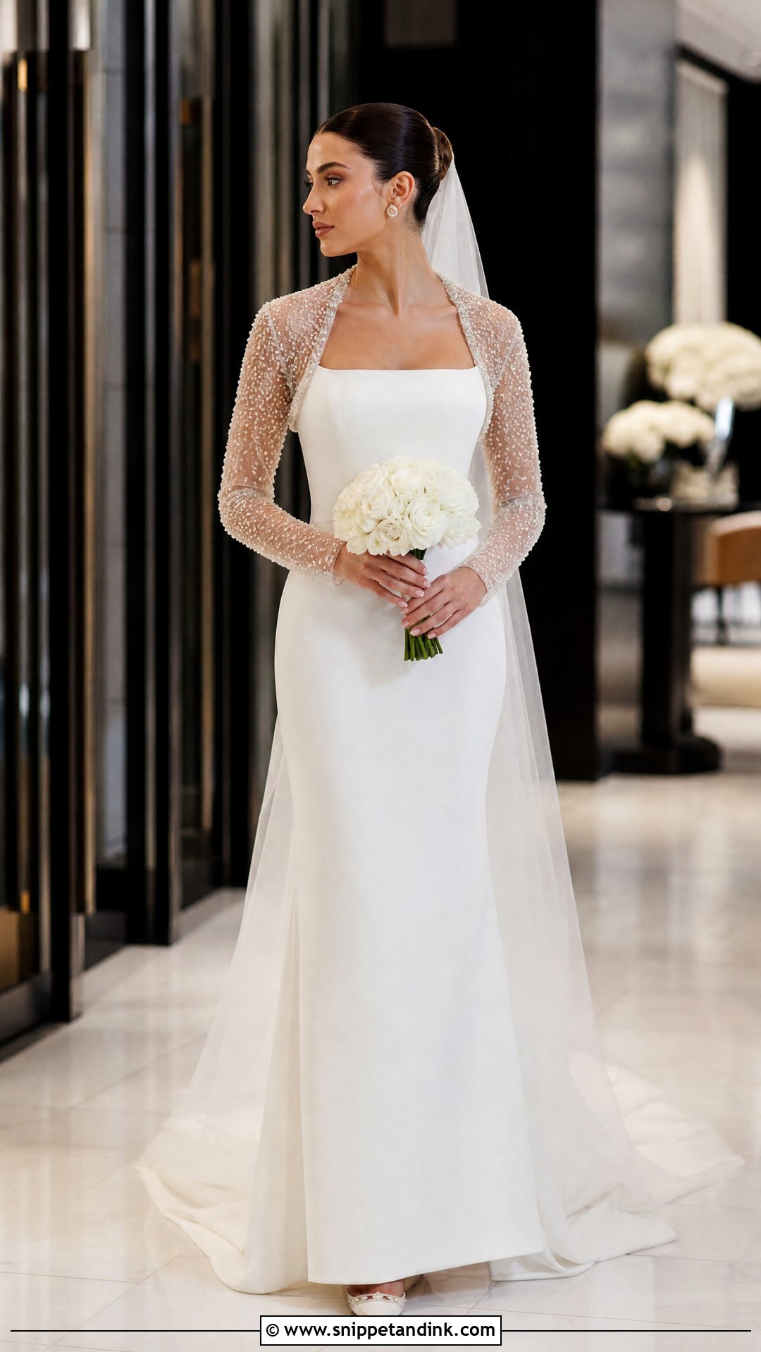 Crystal Bolero With Clean Crepe Gown - Snippet and Ink - 20 Wedding Bolero Long Sleeve Ideas