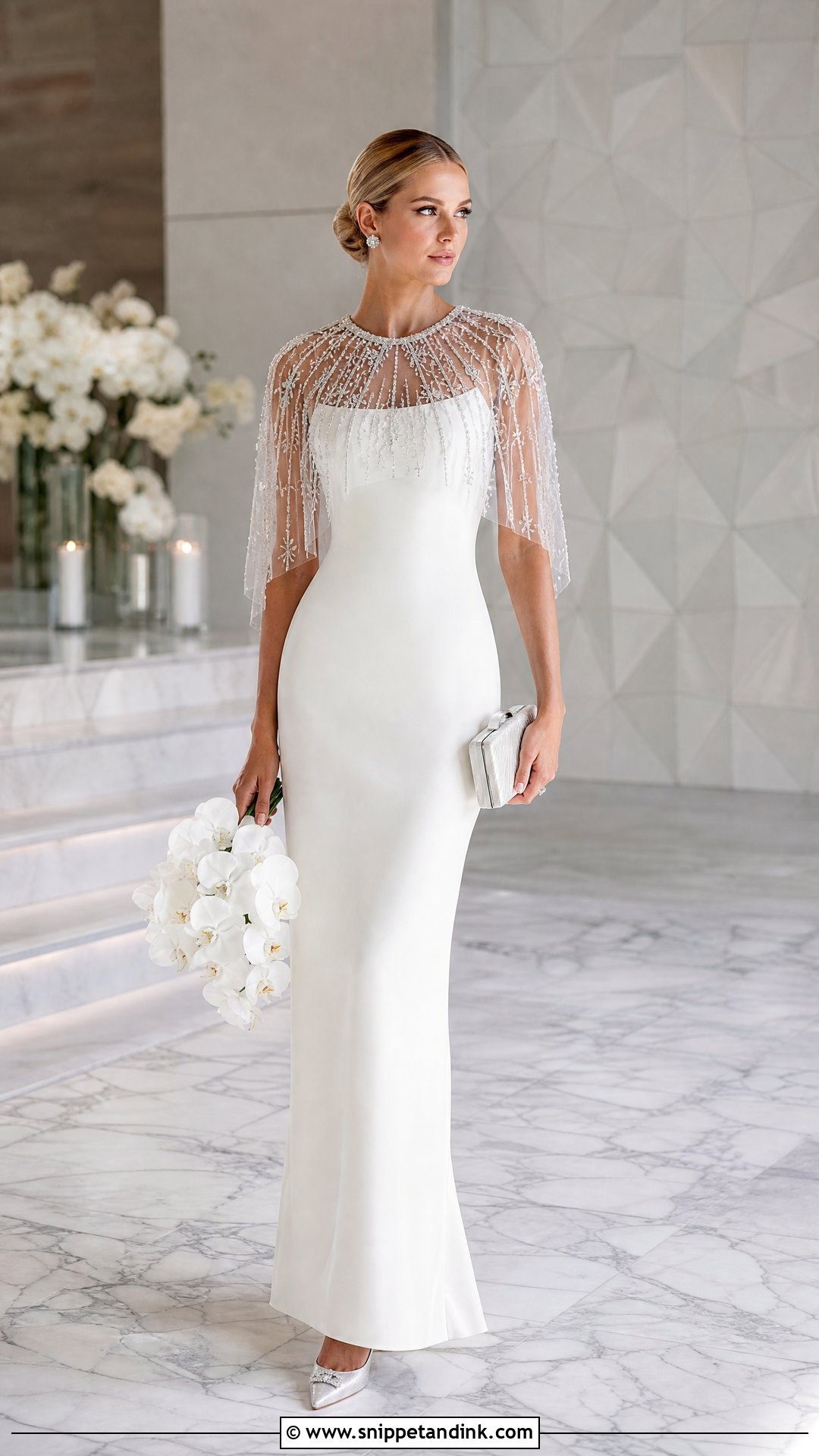 Crystal Capelet With Sheath Wedding Dress - Snippet and Ink - 20 Wedding Dress Capelet Ideas