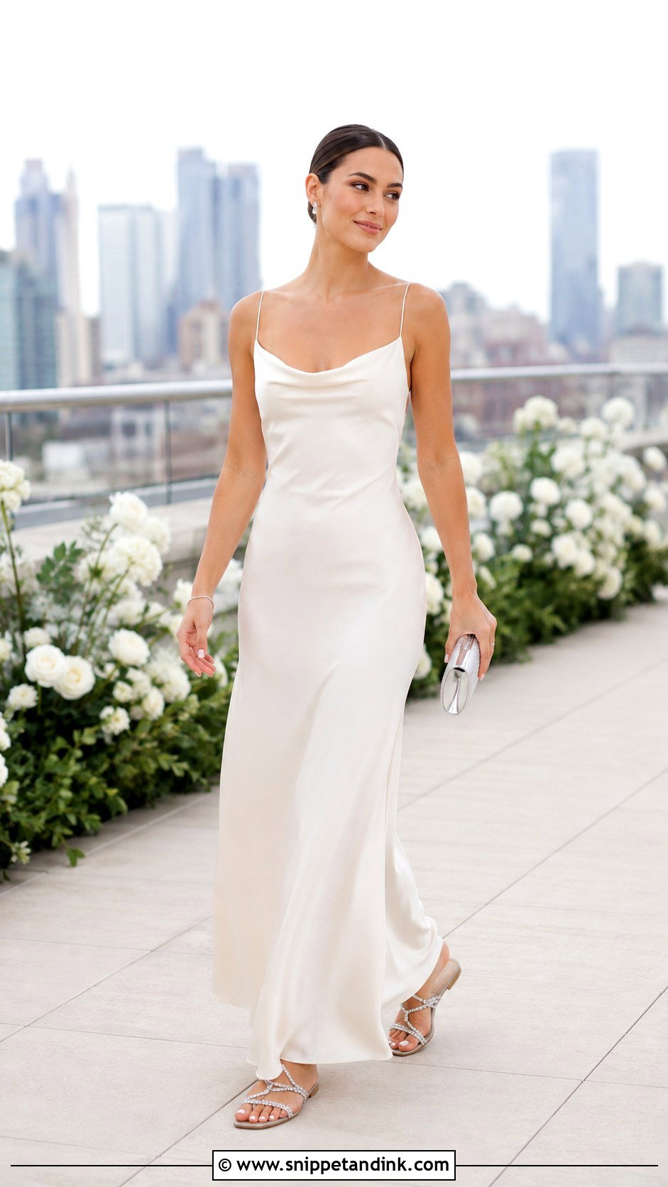 Crystal Flat Wedding Sandals With Simple Slip Dress - Snippet and Ink - 20 Flat Wedding Sandals Ideas