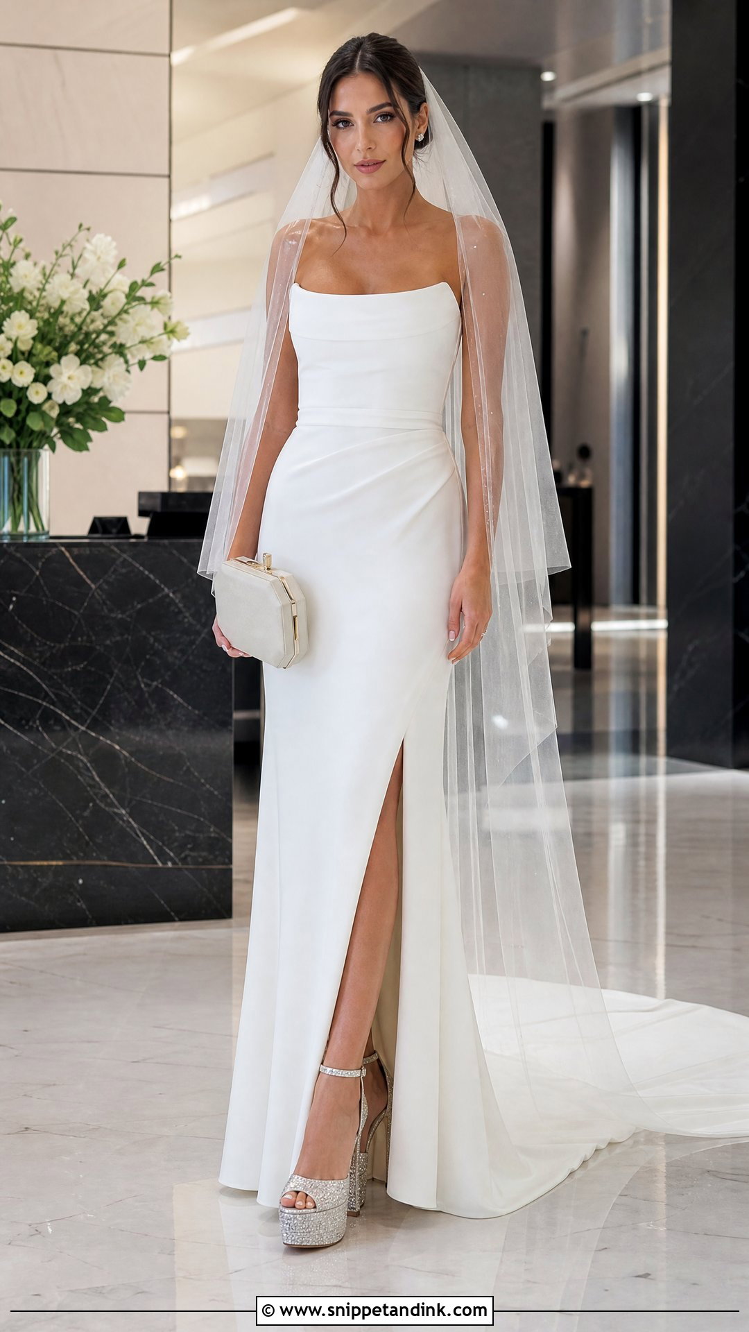 Crystal Platform Wedding Heels With Column Dress - Snippet and Ink - 20 Platform Wedding Heels Ideas