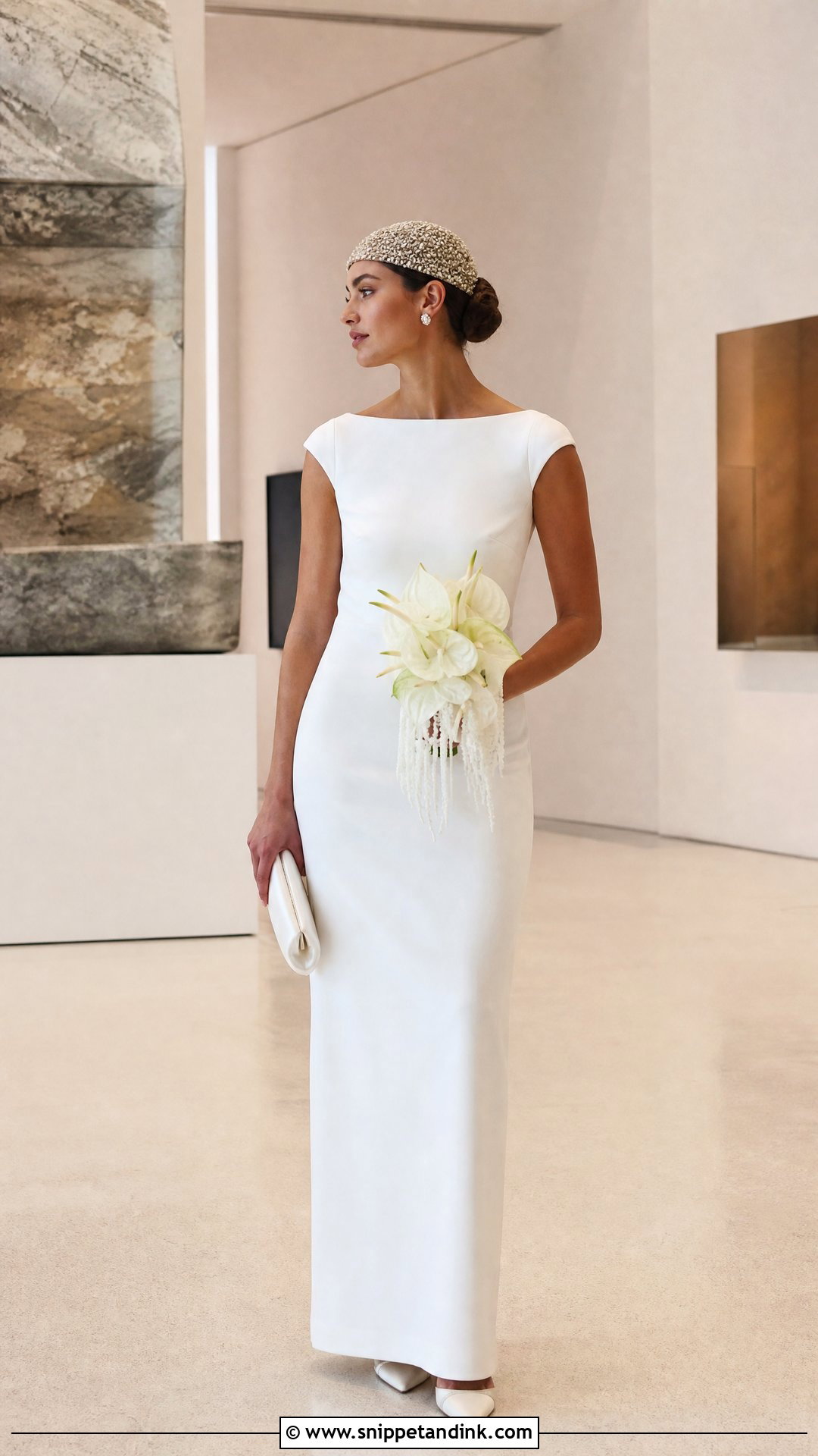 Crystal Wedding Cap With Simple Crepe Dress - Snippet and Ink - 20 Wedding Caps Ideas