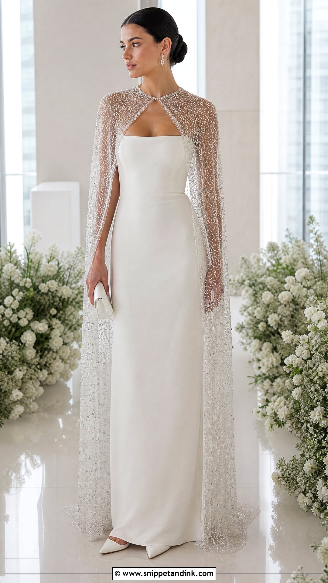 Crystal Winter Wedding Cape With Square Neck Dress - Snippet and Ink - 20 Winter Wedding Cape Ideas