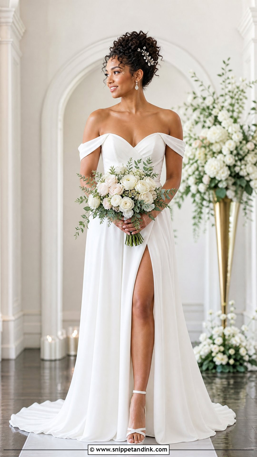 Curly Updo for Off the Shoulder Wedding Dress - Snippet and Ink - 25 Off the Shoulder Wedding Dress Hairstyle Ideas