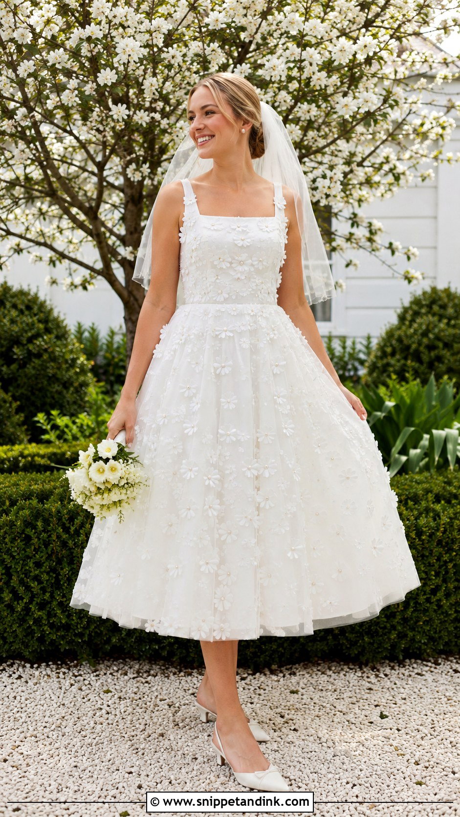 Daisy Applique Tea Length Wedding Dress - Snippet and Ink - 20 Botanical Wedding Dress Ideas