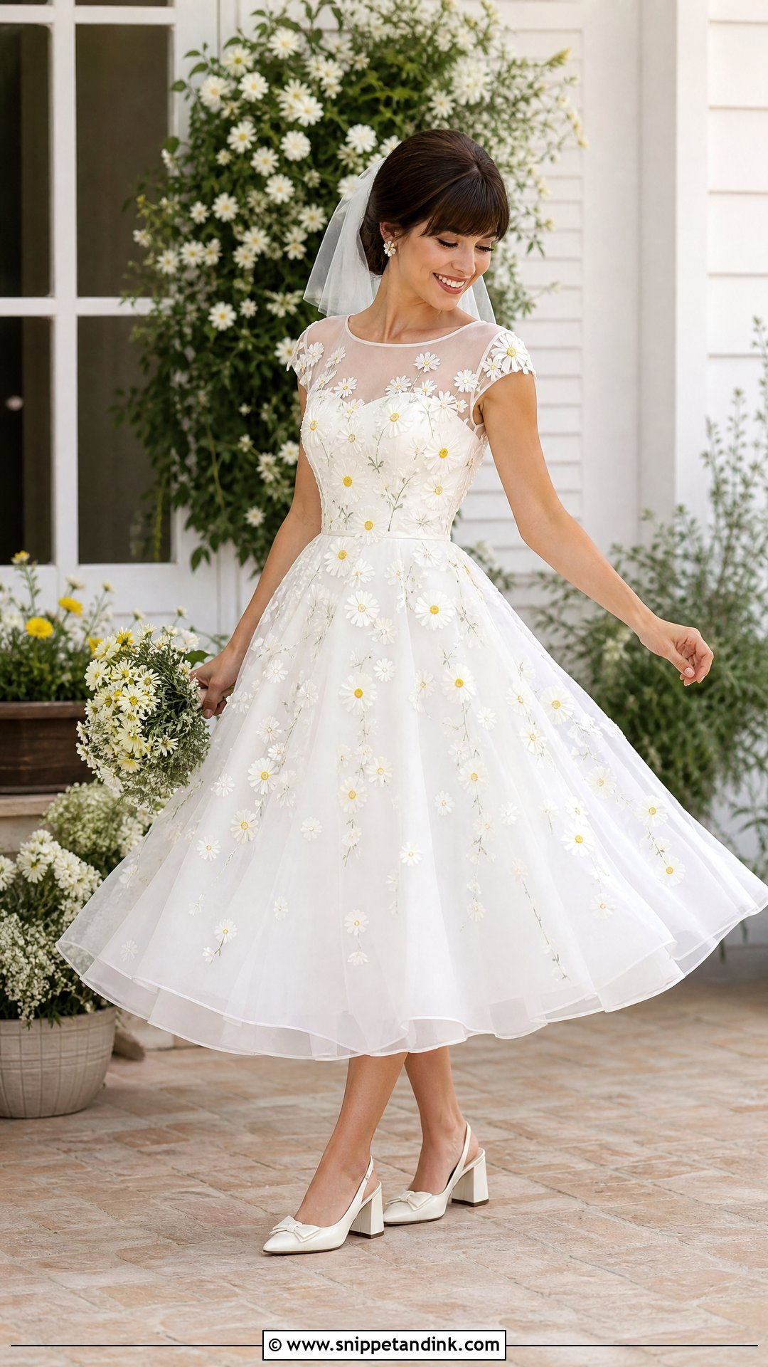 Daisy Embroidered Tea Length Wedding Dress - Snippet and Ink - 20 Wedding Dress Floral Embroidery Ideas