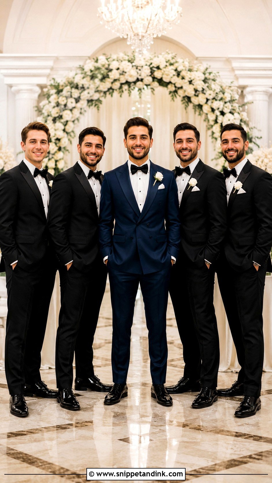 Dark Blue Groom Tuxedo With Black Groomsmen Tuxedos - Snippet and Ink - 20 Dark Blue Tuxedo Wedding Ideas