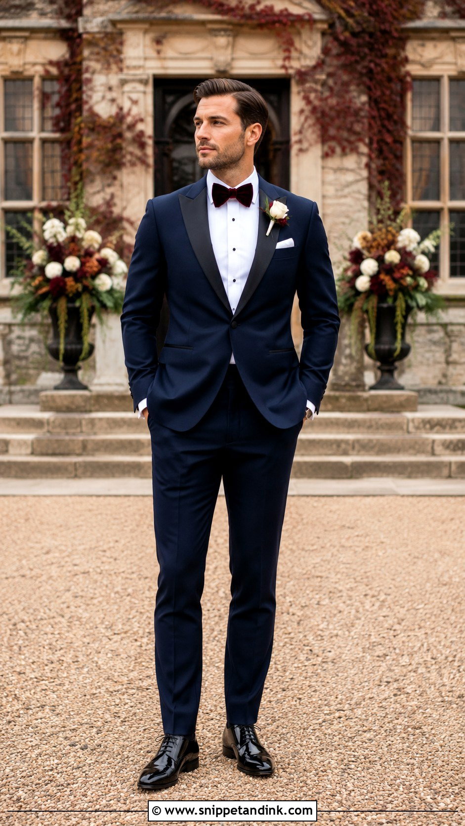 Dark Blue Tuxedo With Burgundy Bow Tie - Snippet and Ink - 20 Dark Blue Tuxedo Wedding Ideas