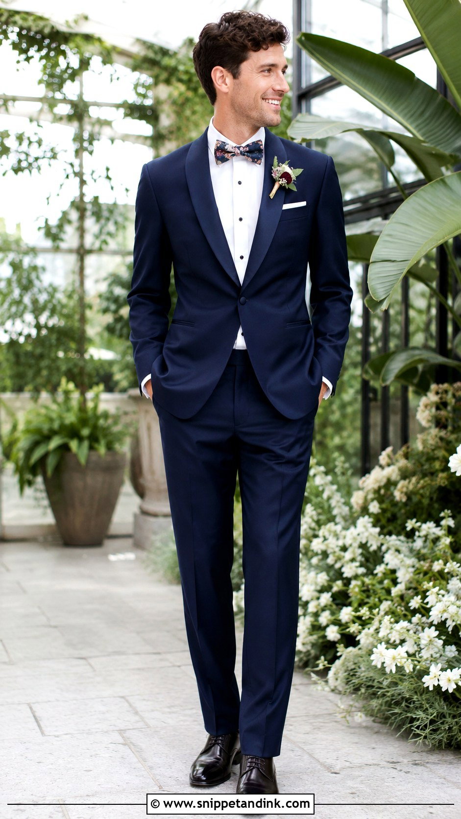 Dark Blue Tuxedo With Floral Bow Tie - Snippet and Ink - 20 Dark Blue Tuxedo Wedding Ideas