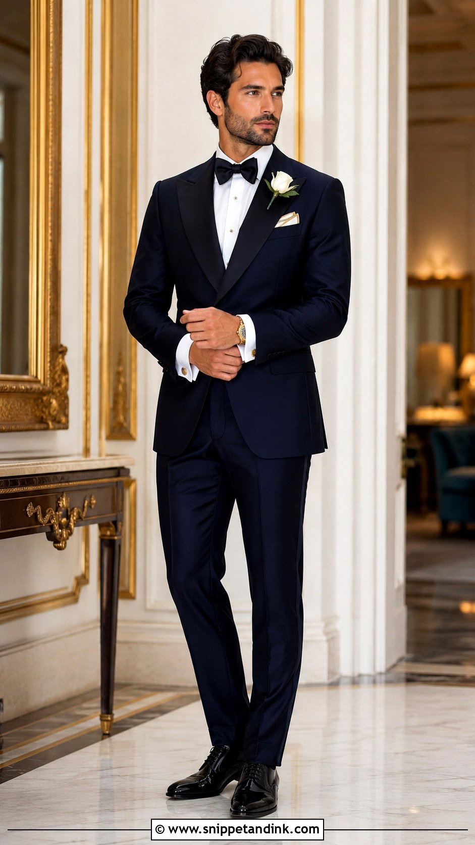 Dark Blue Tuxedo With Gold Accessories - Snippet and Ink - 20 Dark Blue Tuxedo Wedding Ideas