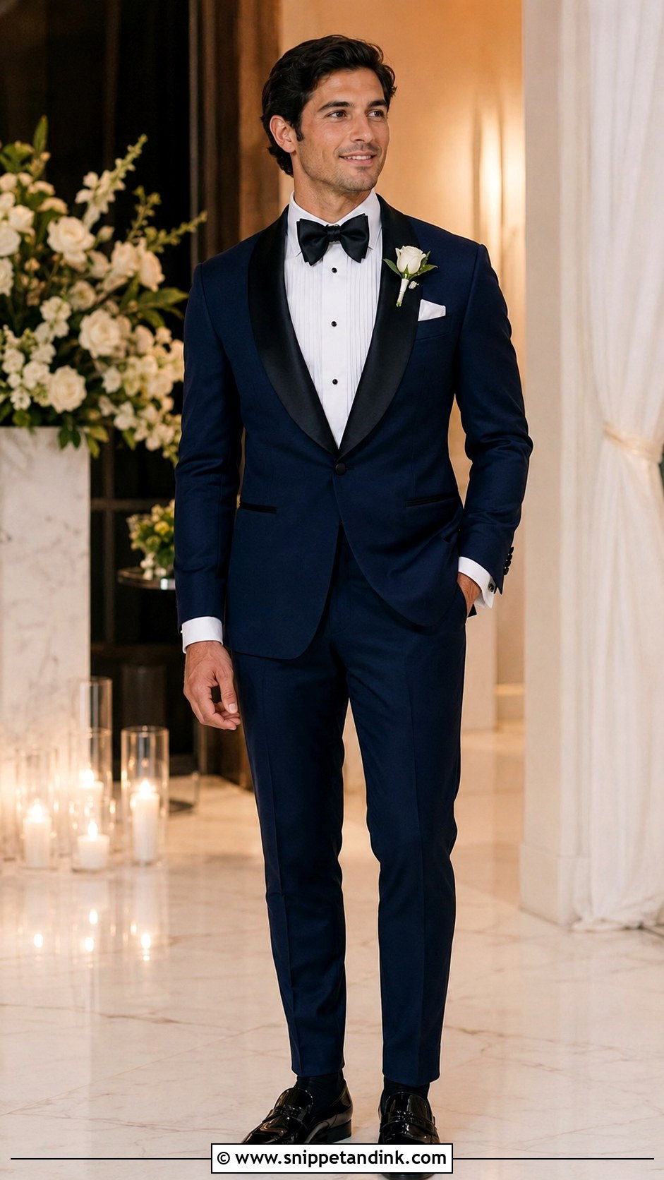 Dark Blue Tuxedo With Patent Leather Loafers - Snippet and Ink - 20 Dark Blue Tuxedo Wedding Ideas