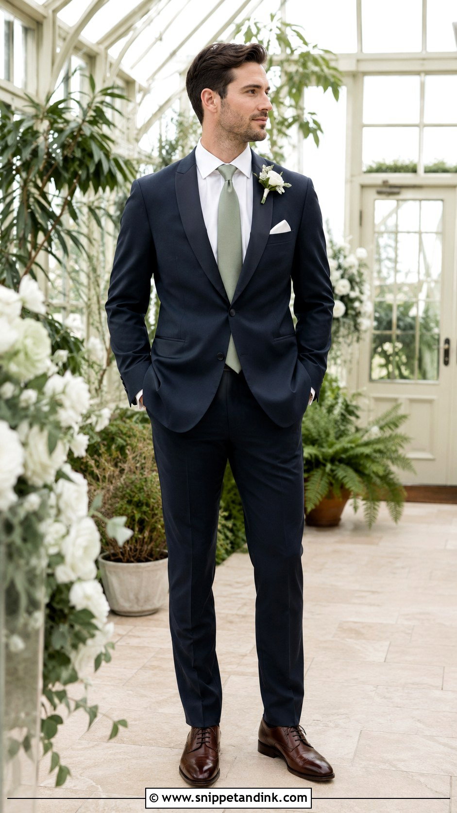 Dark Blue Tuxedo With Sage Green Tie - Snippet and Ink - 20 Dark Blue Tuxedo Wedding Ideas