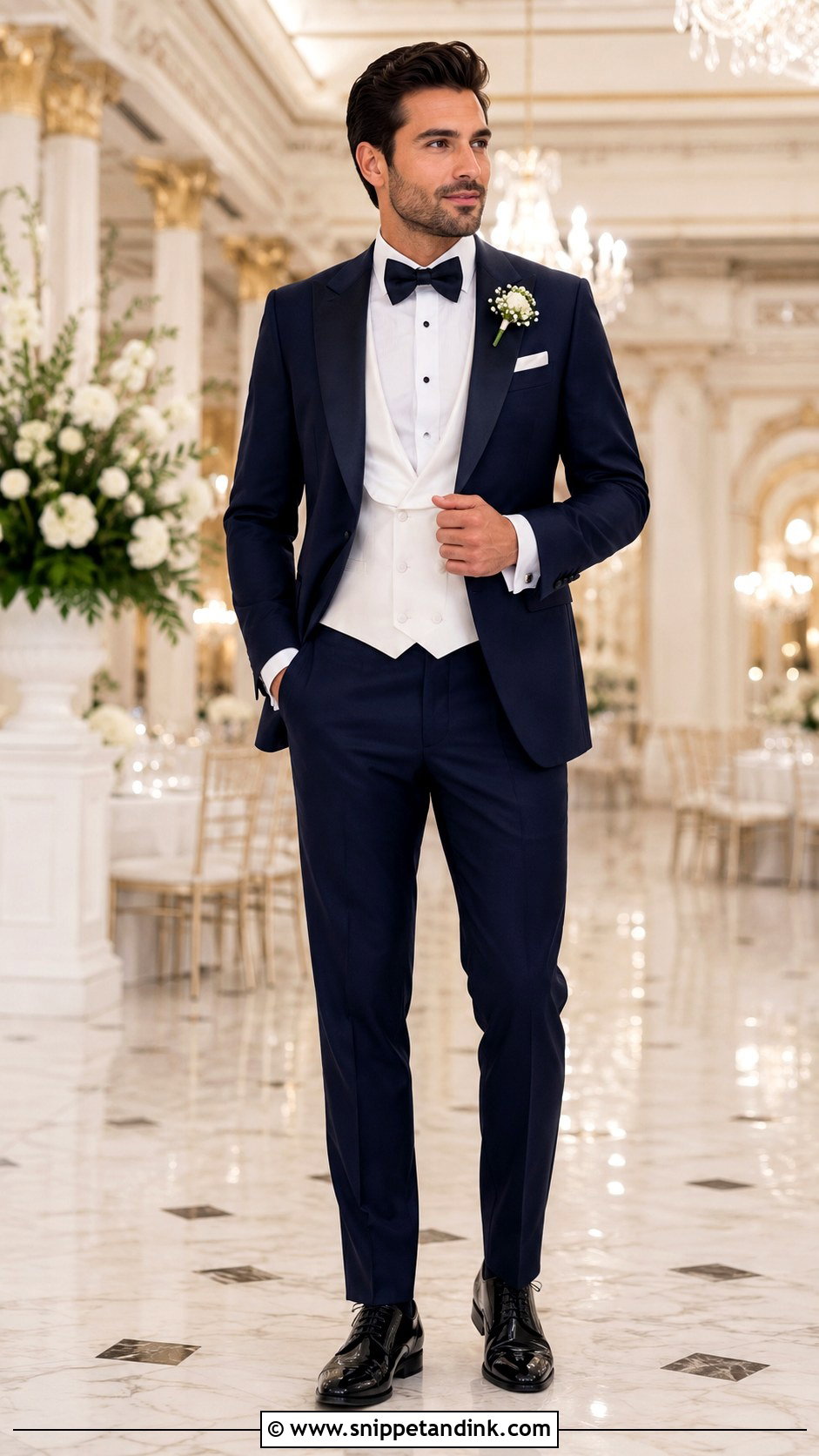 Dark Blue Tuxedo With White Waistcoat - Snippet and Ink - 20 Dark Blue Tuxedo Wedding Ideas