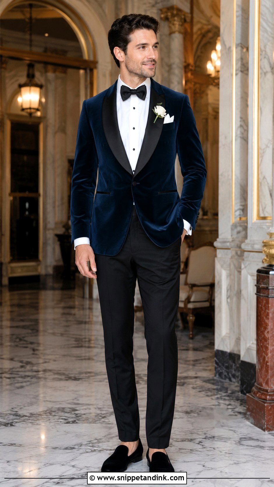 Dark Blue Velvet Tuxedo Jacket With Black Trousers - Snippet and Ink - 20 Dark Blue Tuxedo Wedding Ideas