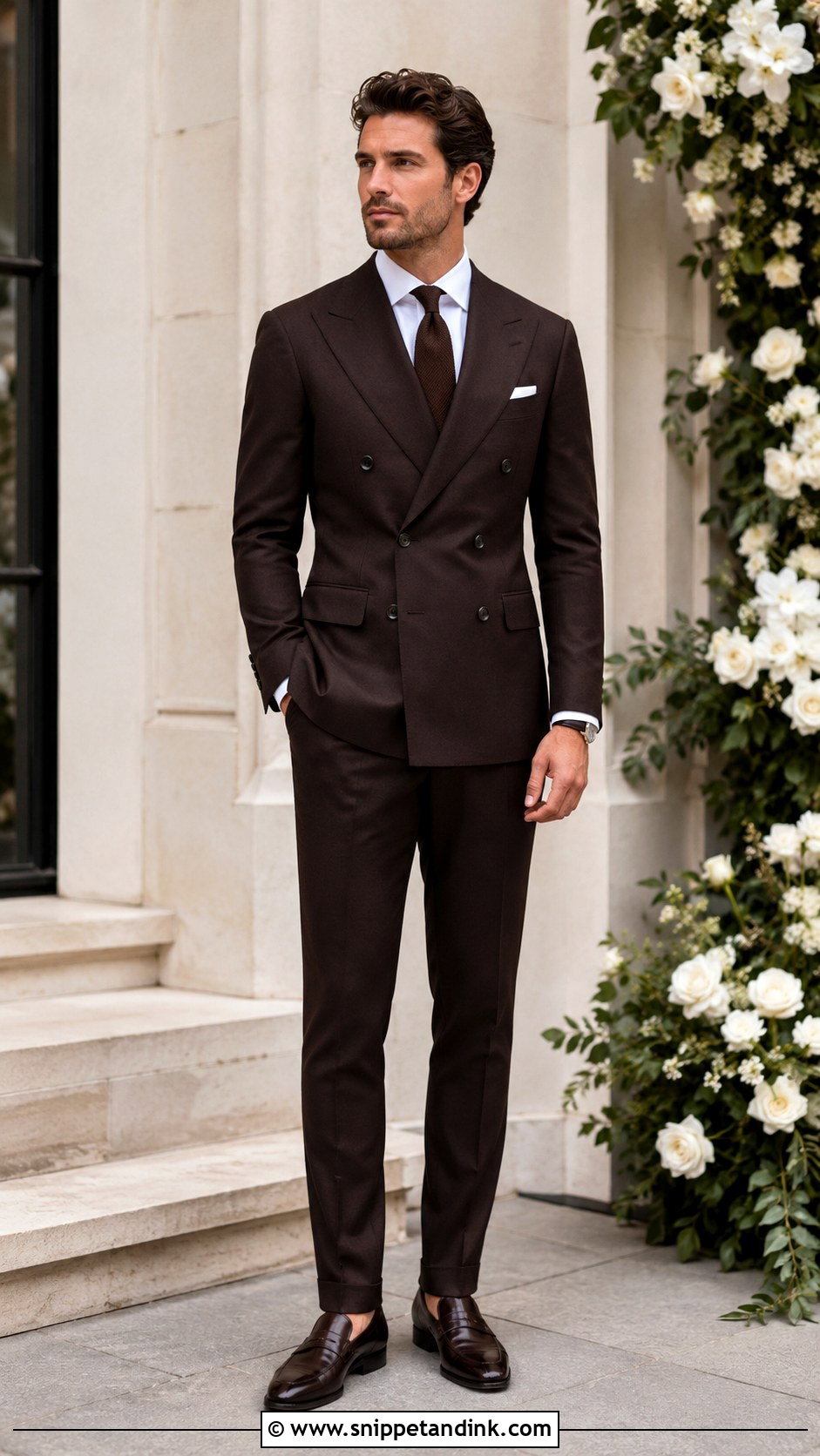 Dark Brown Double Breasted Suit With White Shirt - Snippet and Ink - 20 Dark Brown Suit Wedding Ideas