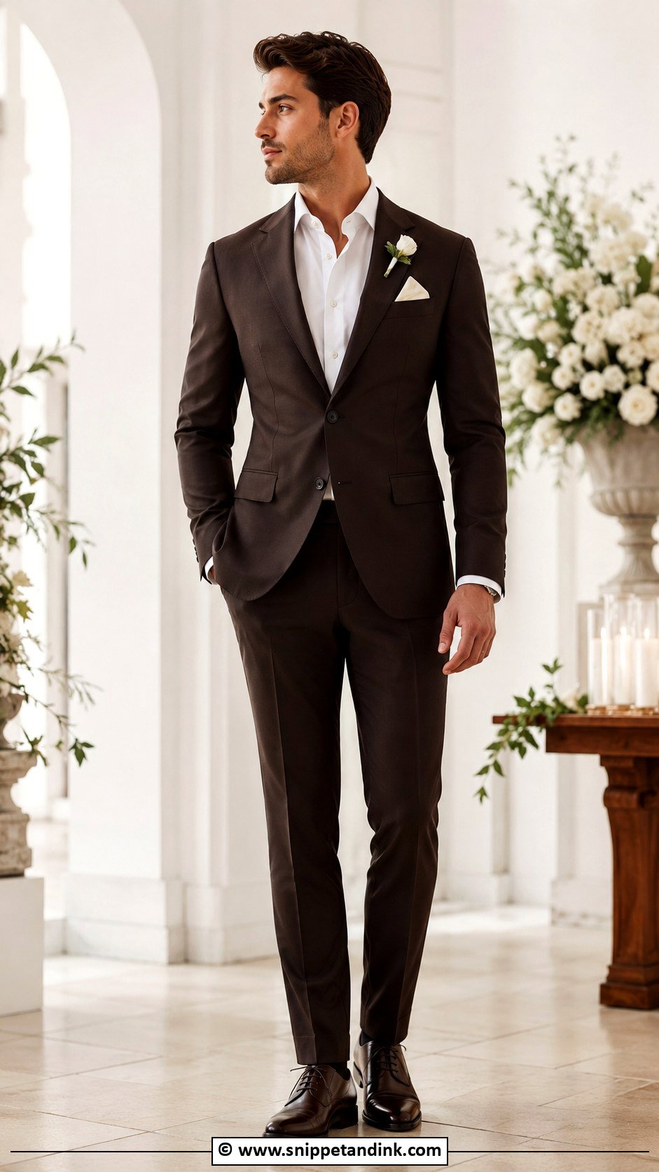 Dark Brown Groom Suit With White Shirt - Snippet and Ink - 30 Brown Suit Wedding Ideas