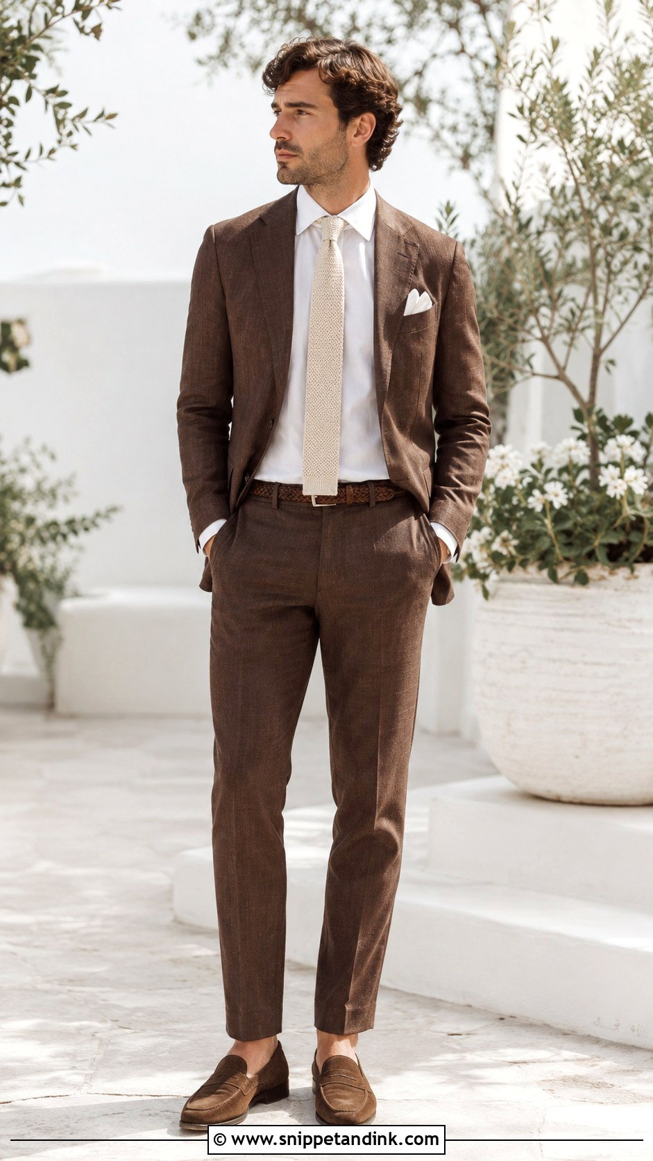 Dark Brown Linen Suit With White Shirt - Snippet and Ink - 20 Dark Brown Suit Wedding Ideas
