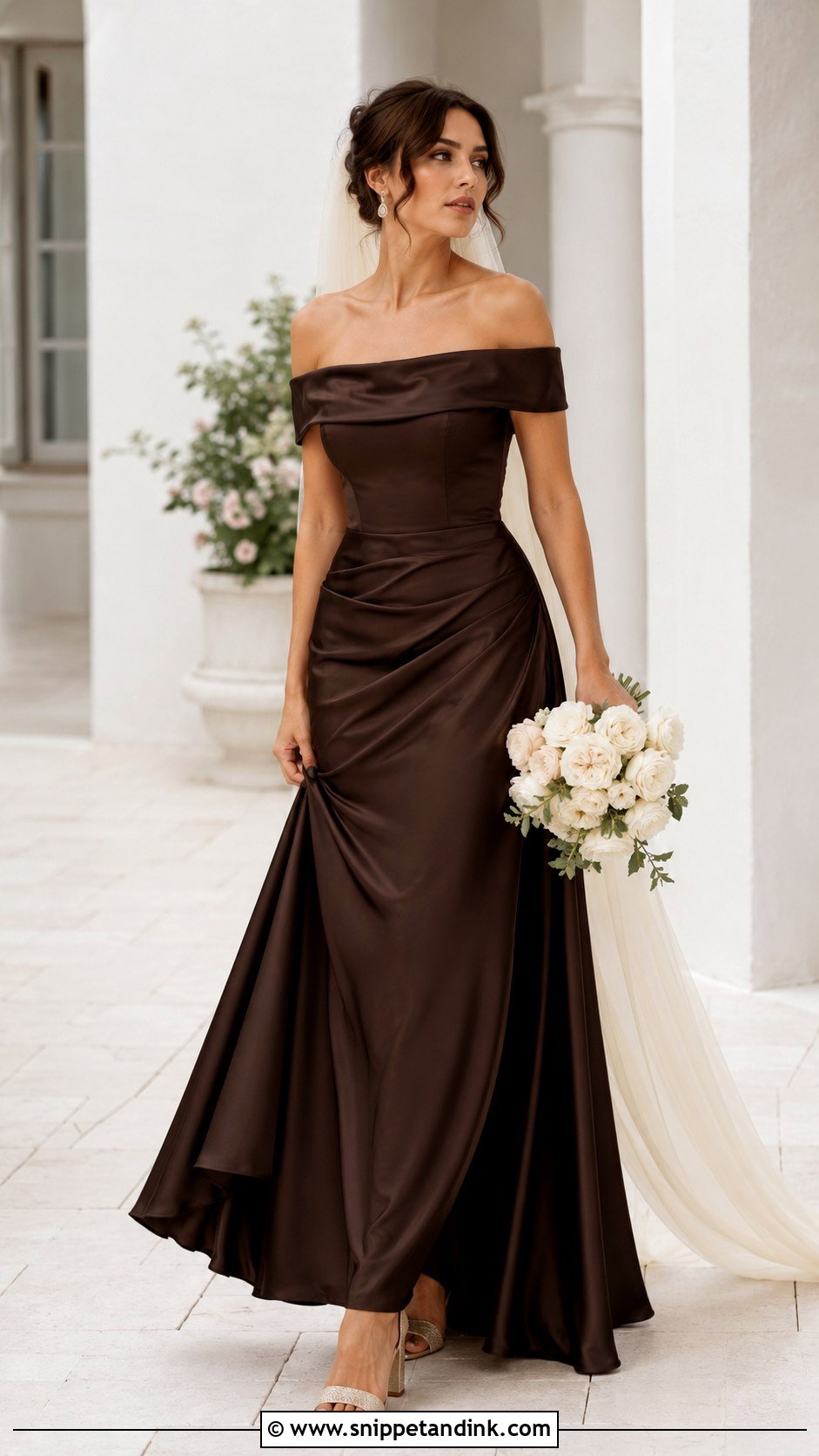 Dark Brown Off the Shoulder Wedding Dress - Snippet and Ink - 20 Dark Brown Wedding Dress Ideas