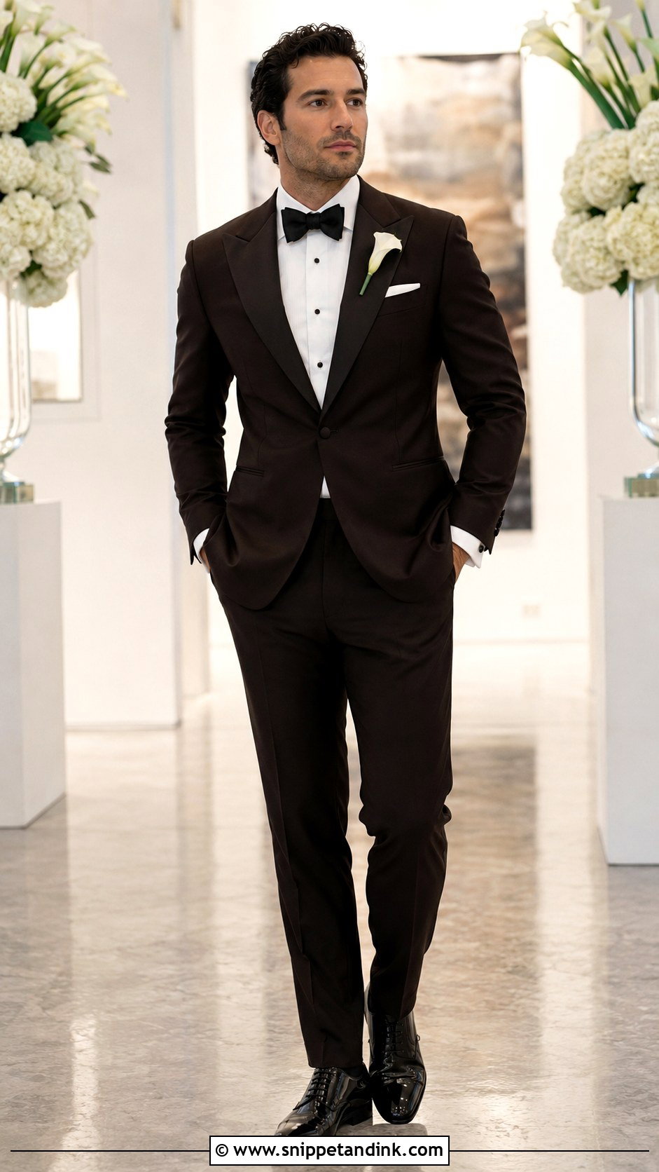 Dark Brown Peak Lapel Tuxedo - Snippet and Ink - 20 Dark Brown Tuxedo Wedding Ideas